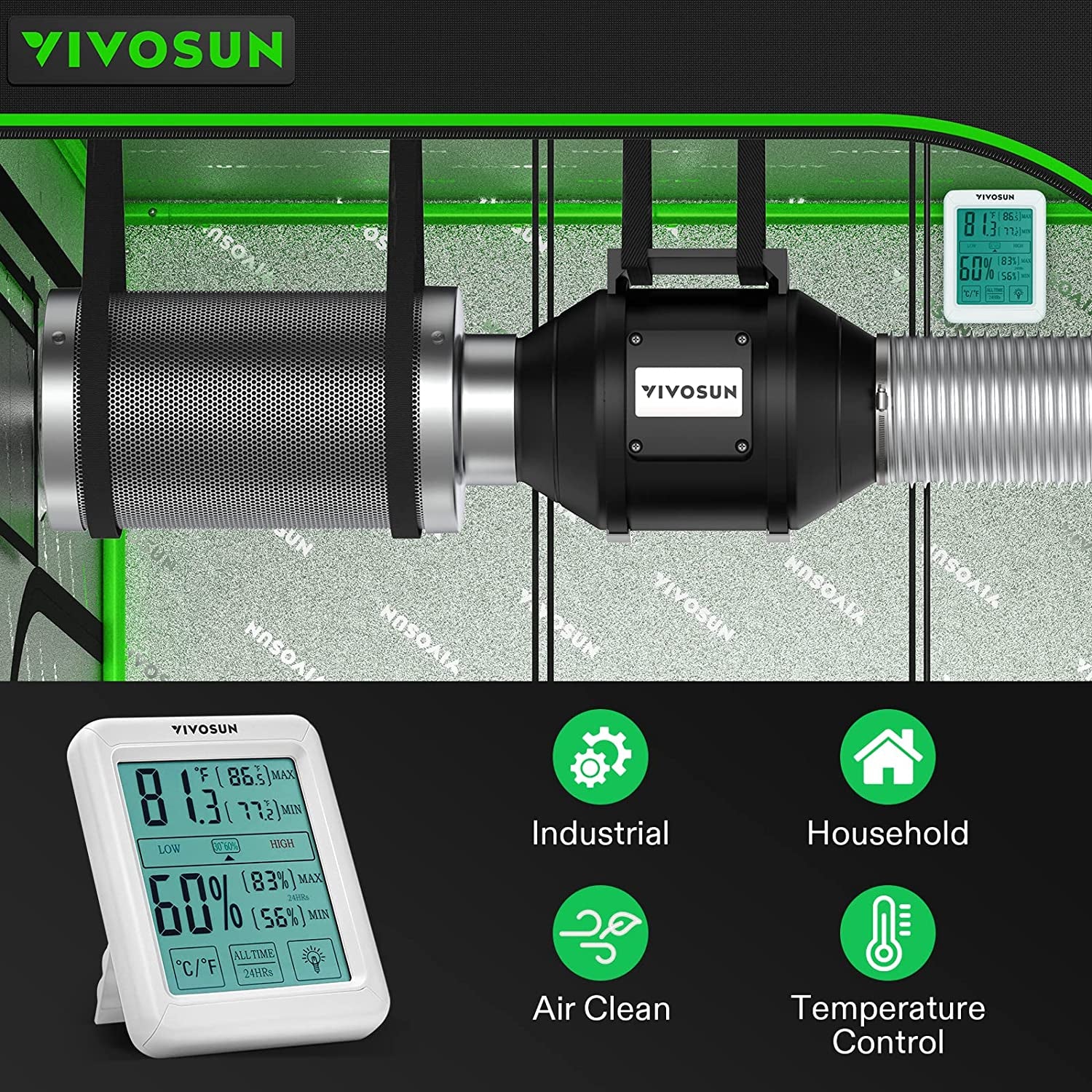 4 Inch 190 CFM Inline Fan with Speed Controller, 4 Inch Carbon Filter and 8 Feet of Ducting, Temperature Humidity Monitor for Grow Tent Ventilation
