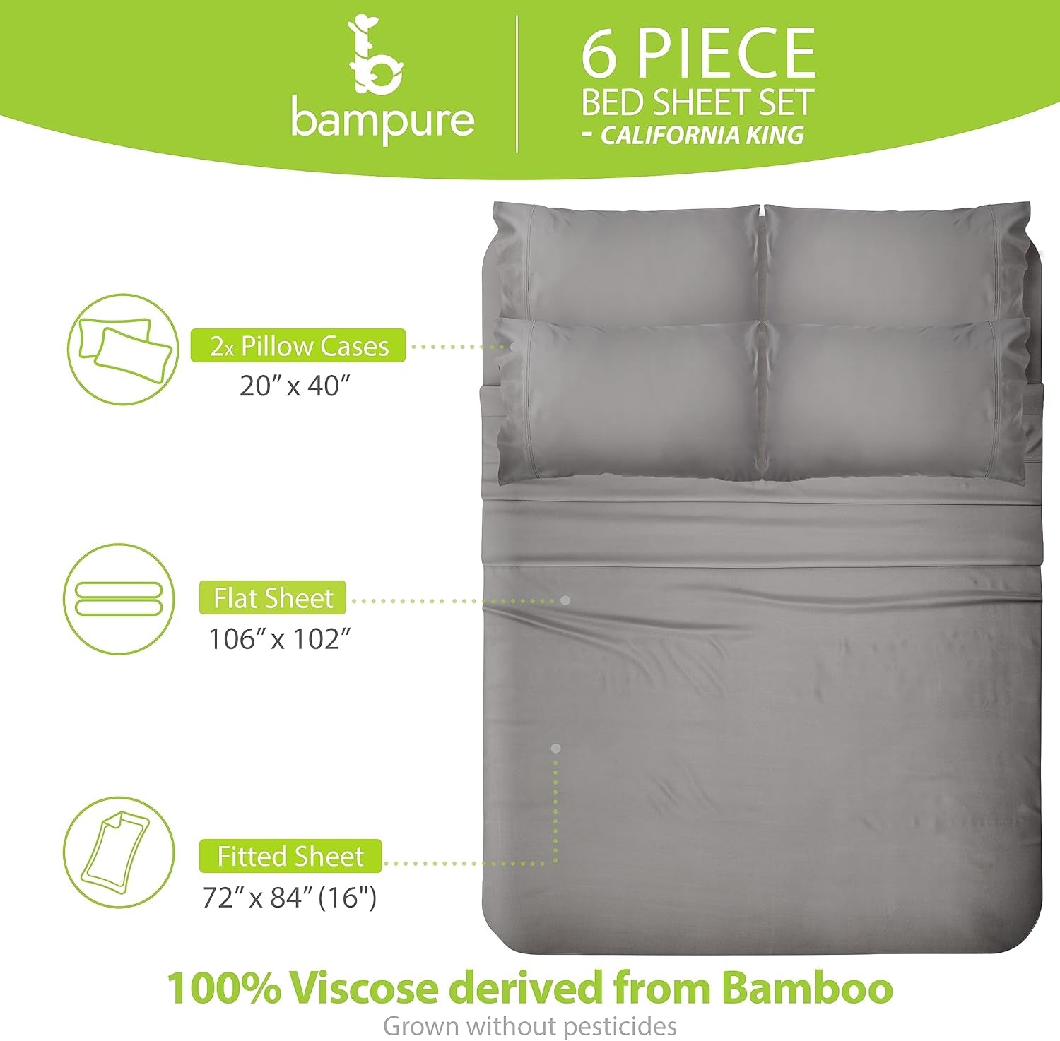 Viscose Derived from Bamboo Sheets California King - 6PC Set - Super Soft Cooling Sheets - up to 16’’ Deep Pocket - Luxury Series -1 Flat Sheet,1 Fitted Sheet,4 Pillowcases (Stonegrey)