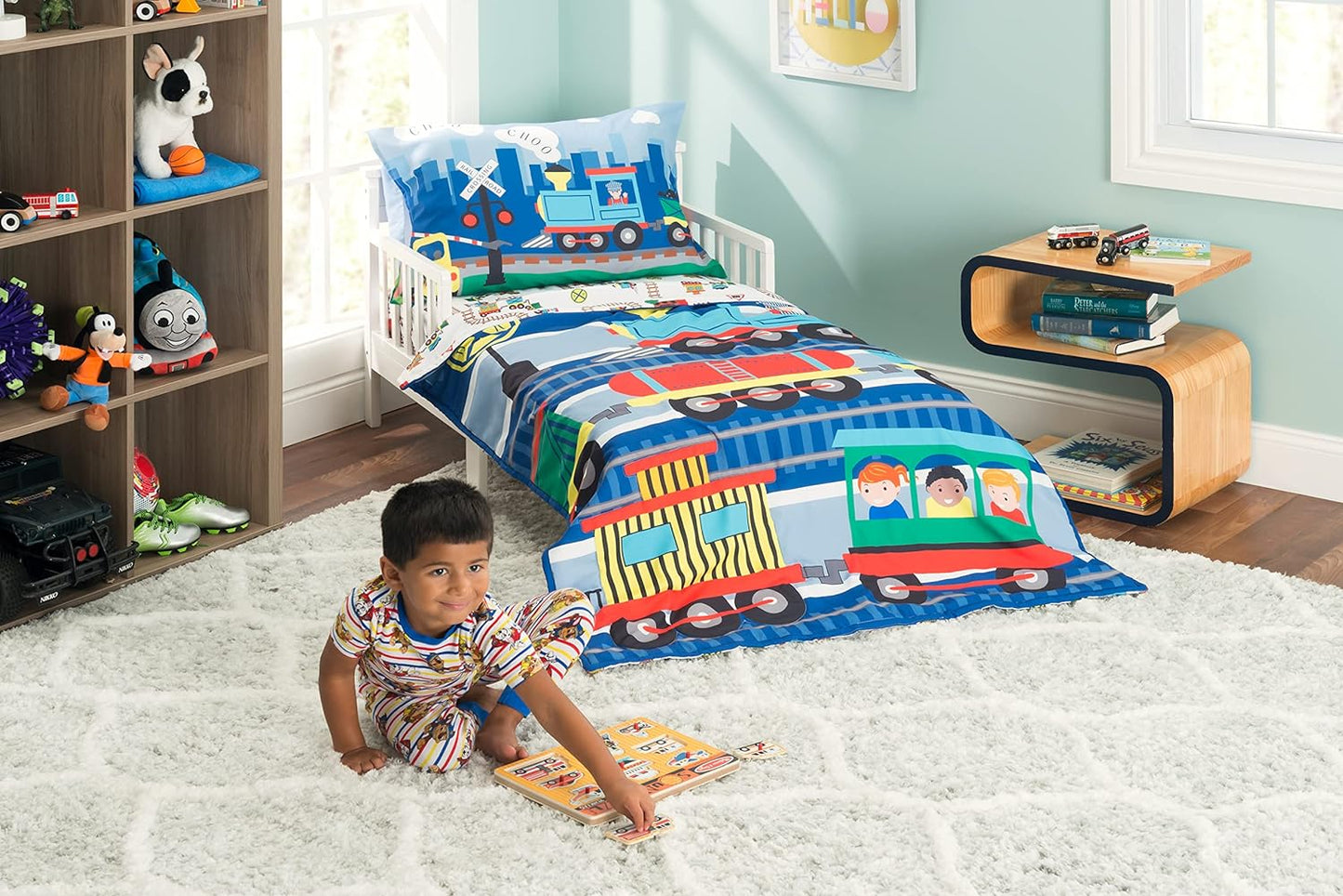 4 Piece Toddler Bedding Set -Choo Choo Train- Includes Comforter, Flat Sheet, Fitted Sheet and Reversible Pillowcase