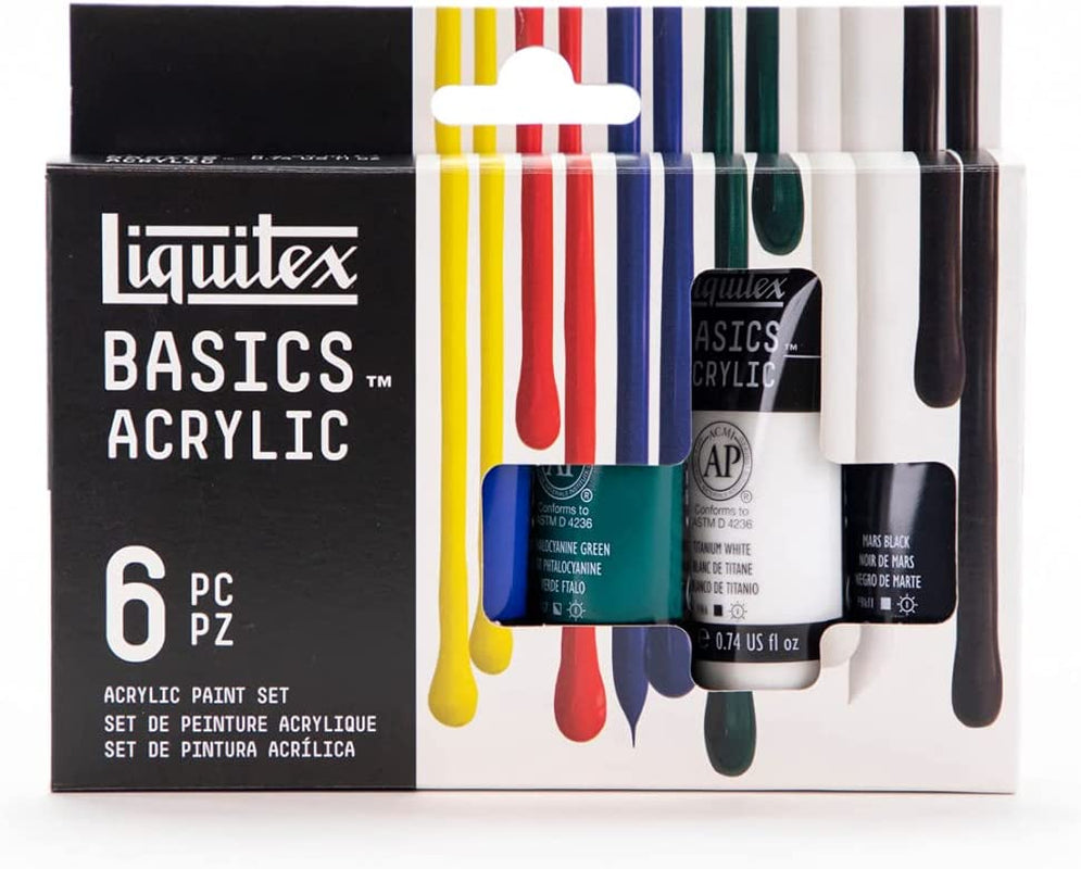 BASICS Acrylic Paint Set, 6 X 22Ml Tube Paint Set, Primary, Blue,Color Mixing,Green,White, 0.7 Fl Oz (Pack of 6)