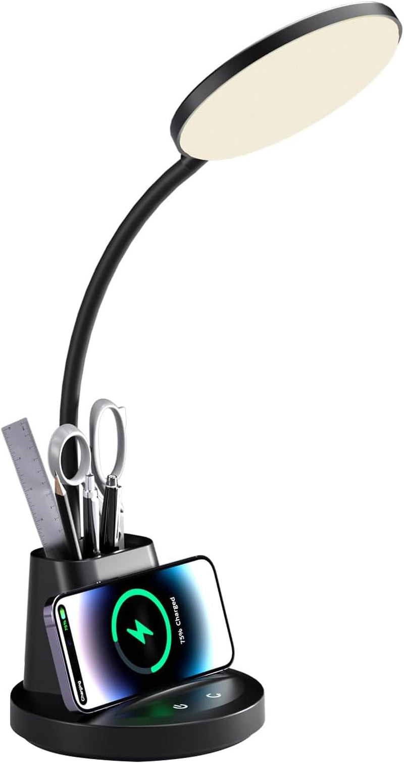 Desk Lamp with Wireless Charger for Home Office, Eye-Caring Reading Lamp 3 Color Modes Stepless Dimming LED Desk Lamp, Touch Table Lamp with Phone & Pen Holder, CRI90+, AC Adapter Included