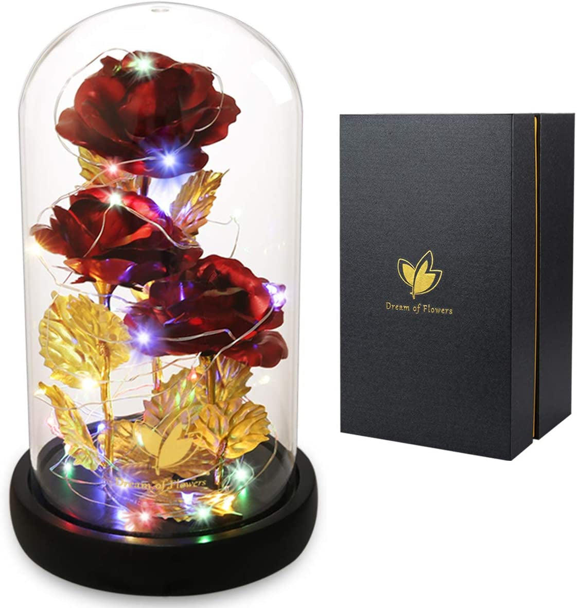 Valentines Day Gifts Beauty and the Beast Rose 24K Red Rose in Glass Dome, Light up Rose, Forever Artificial Flowers, Enchanted Red Rose Gift for Her on Valentines Day Wedding