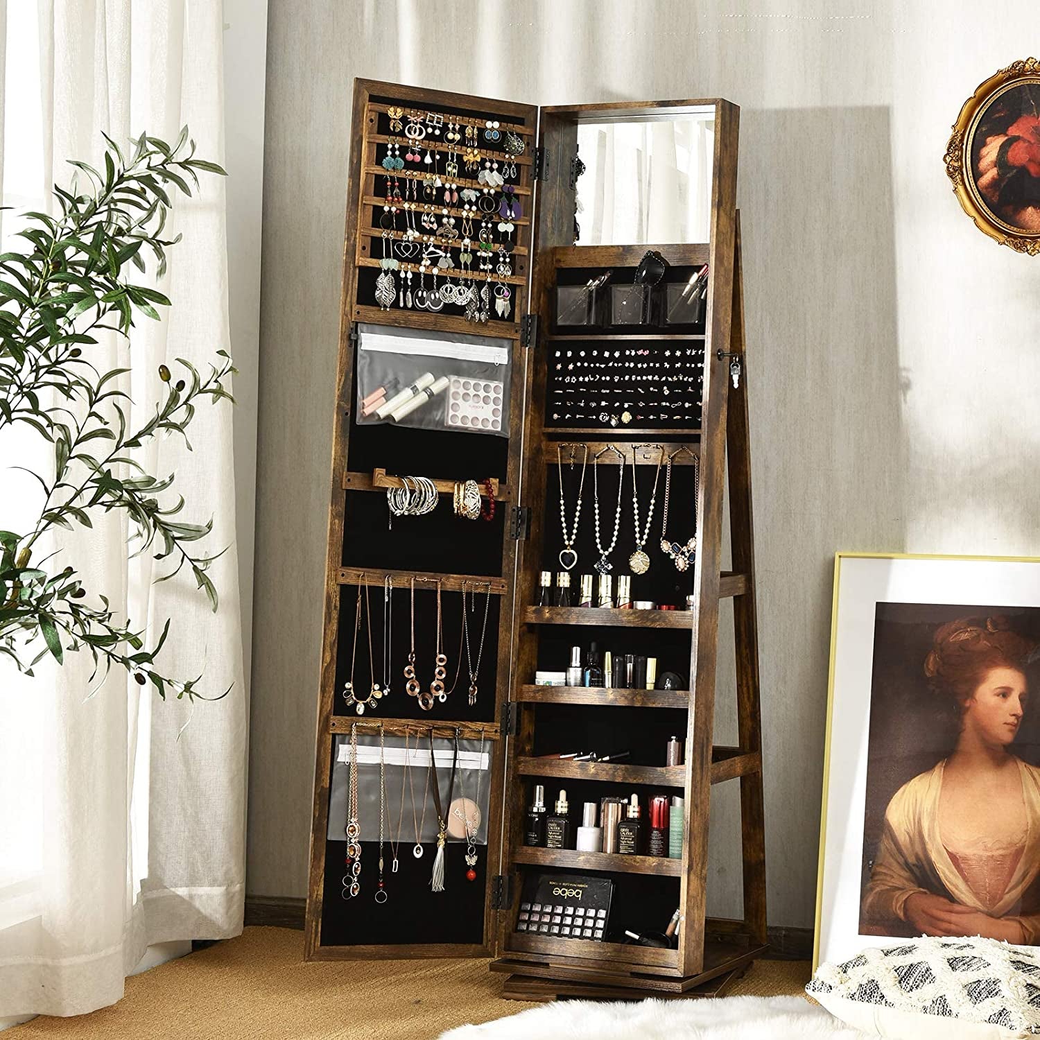 360° Swivel Jewelry Armoire with Higher Full Length Mirror, Standing Lockable Jewelry Cabinet Organizer, Large Storage Capacity, inside Makeup Mirror, Rear Storage Shelves (Rustic Brown)