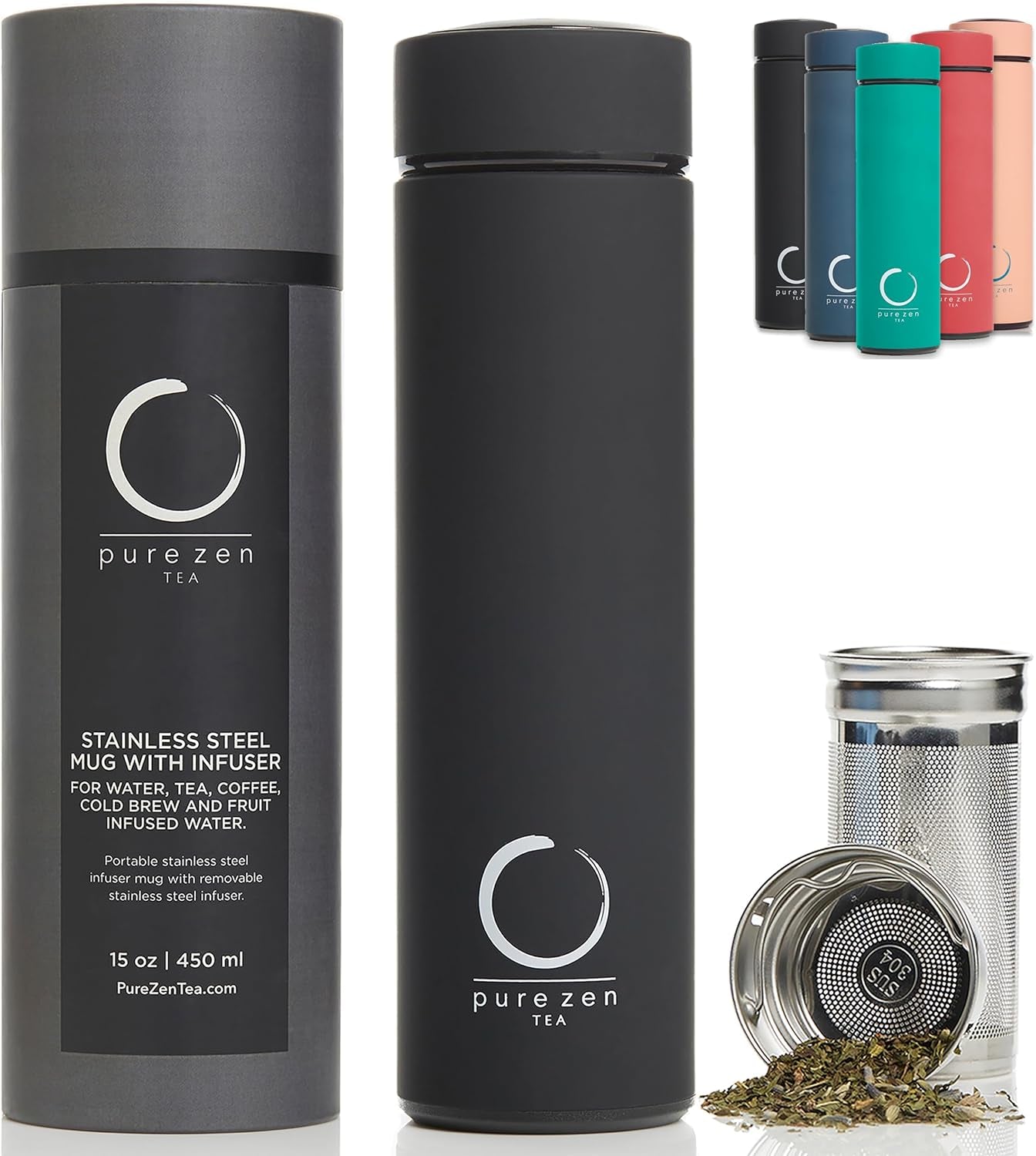 Thermos with Infuser - Stainless Steel Insulated Tea Infuser Tumbler for Loose Leaf Tea, Iced Coffee and Fruit-Infused Water - Leakproof Tea Tumbler with Infuser - 15Oz - Black