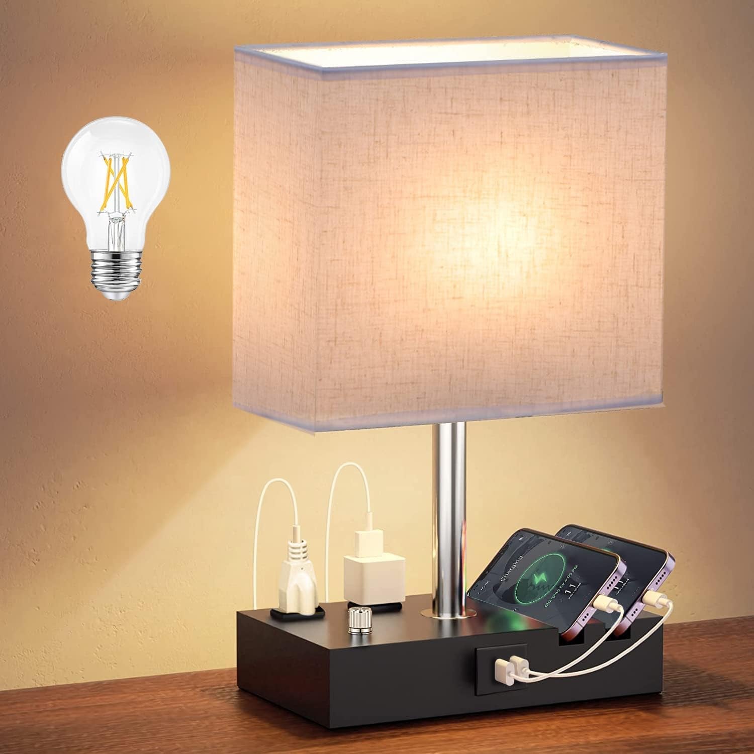 Fully Dimmable Table Lamp for Bedroom Living Room Dual USB Port Bedside Lamp for Nightstand Desk Lamps with Charging Station 2 Power Outlets, Fabric Lampshade LED Bulb Included (Black/Beige)