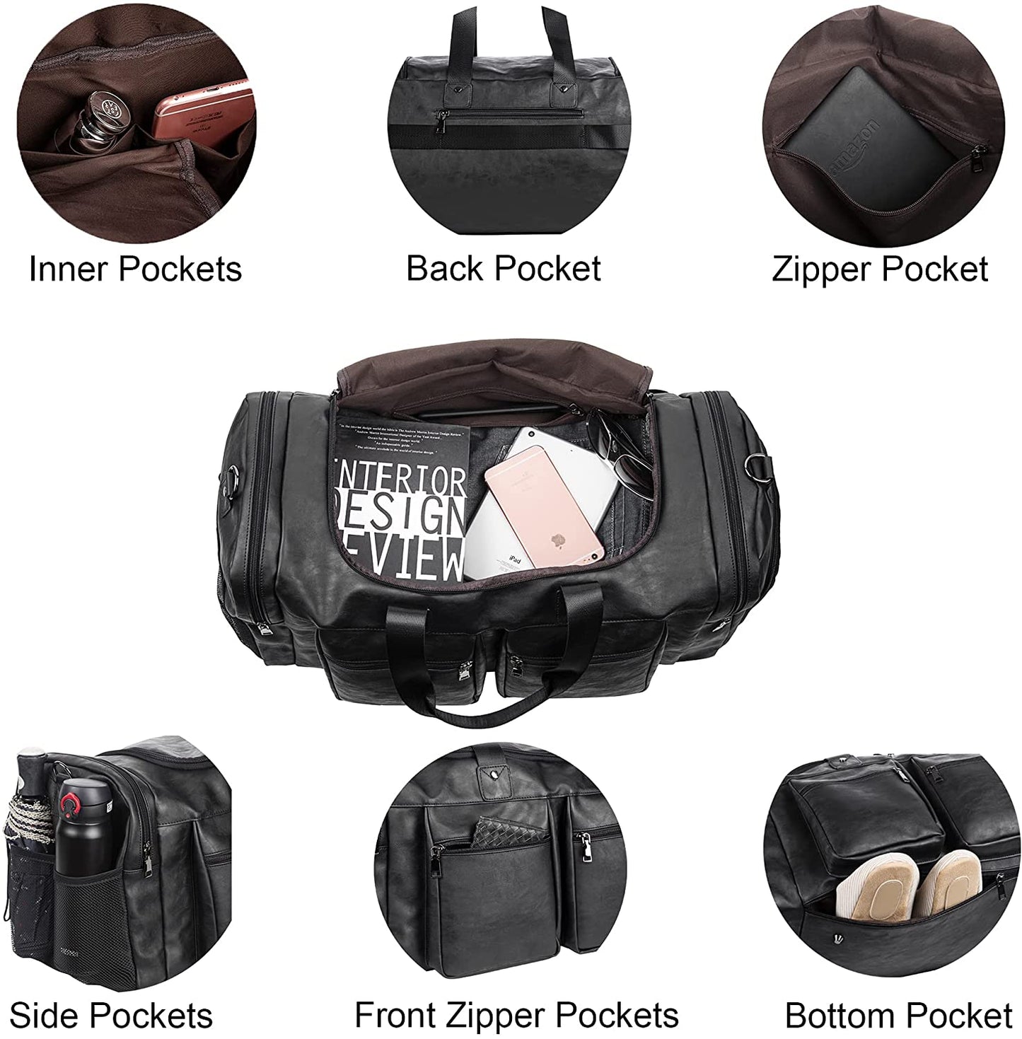 Travel Bag with Shoe Pouch,Weekender Overnight Bag Waterproof Leather Large Carry on Bag Travel Tote Duffel Bag