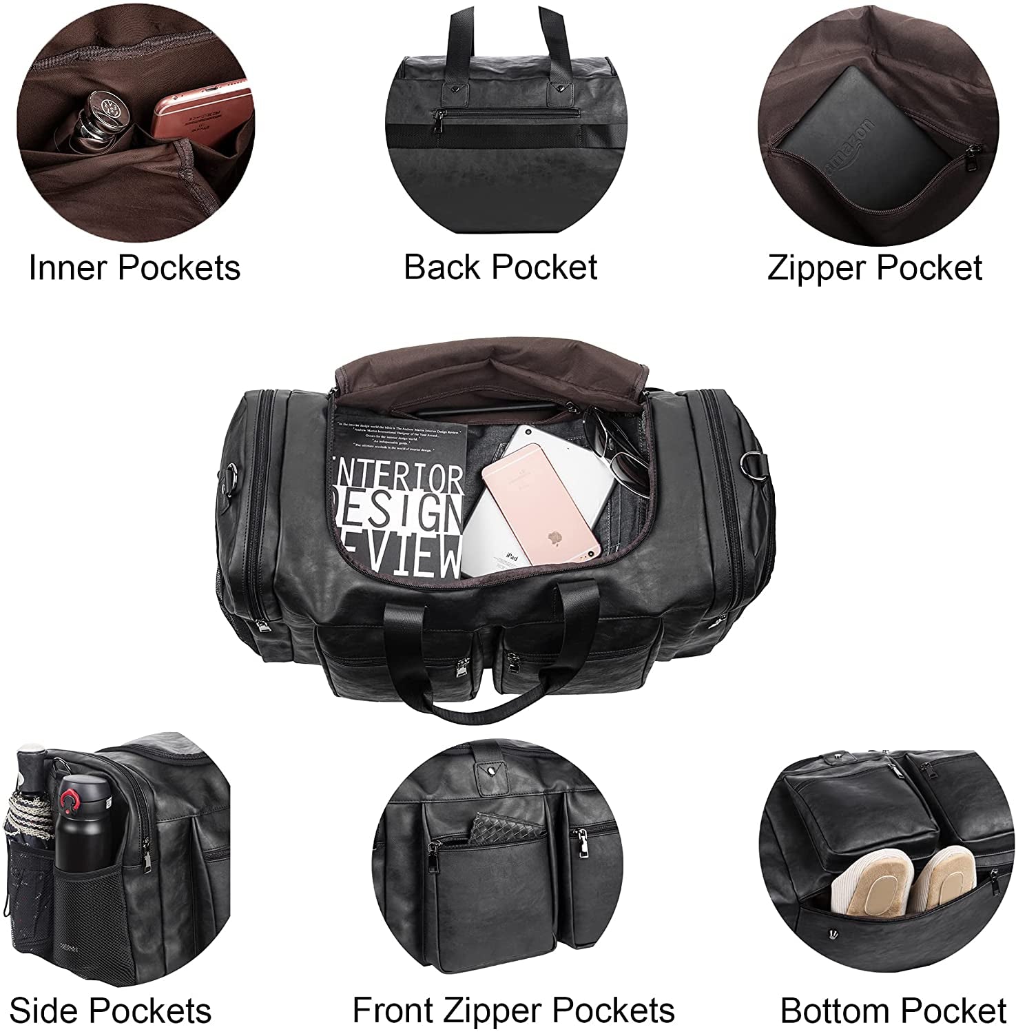 Travel Bag with Shoe Pouch,Weekender Overnight Bag Waterproof Leather Large Carry on Bag Travel Tote Duffel Bag