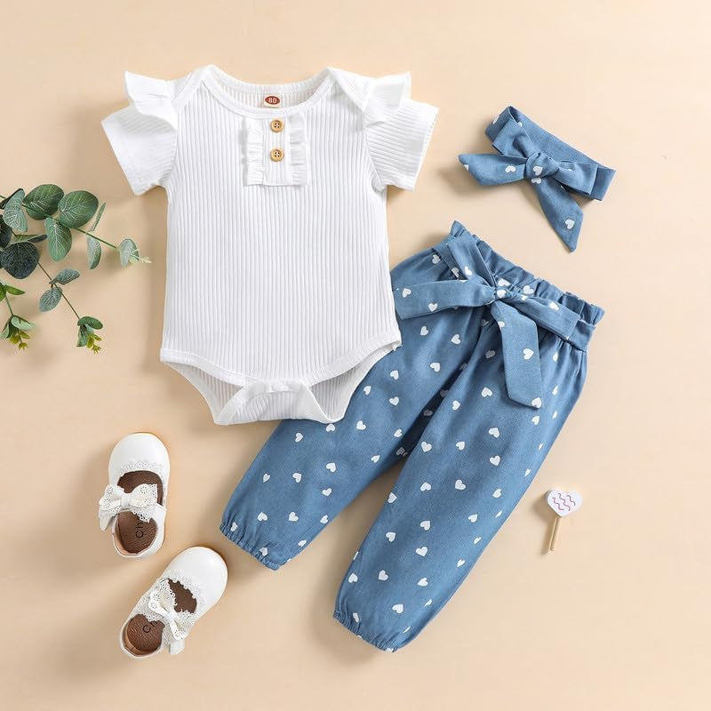Newborn Baby Girls Clothes Ribbed Ruffled Romper+Floral Pants+Headband Infant Outfit Set