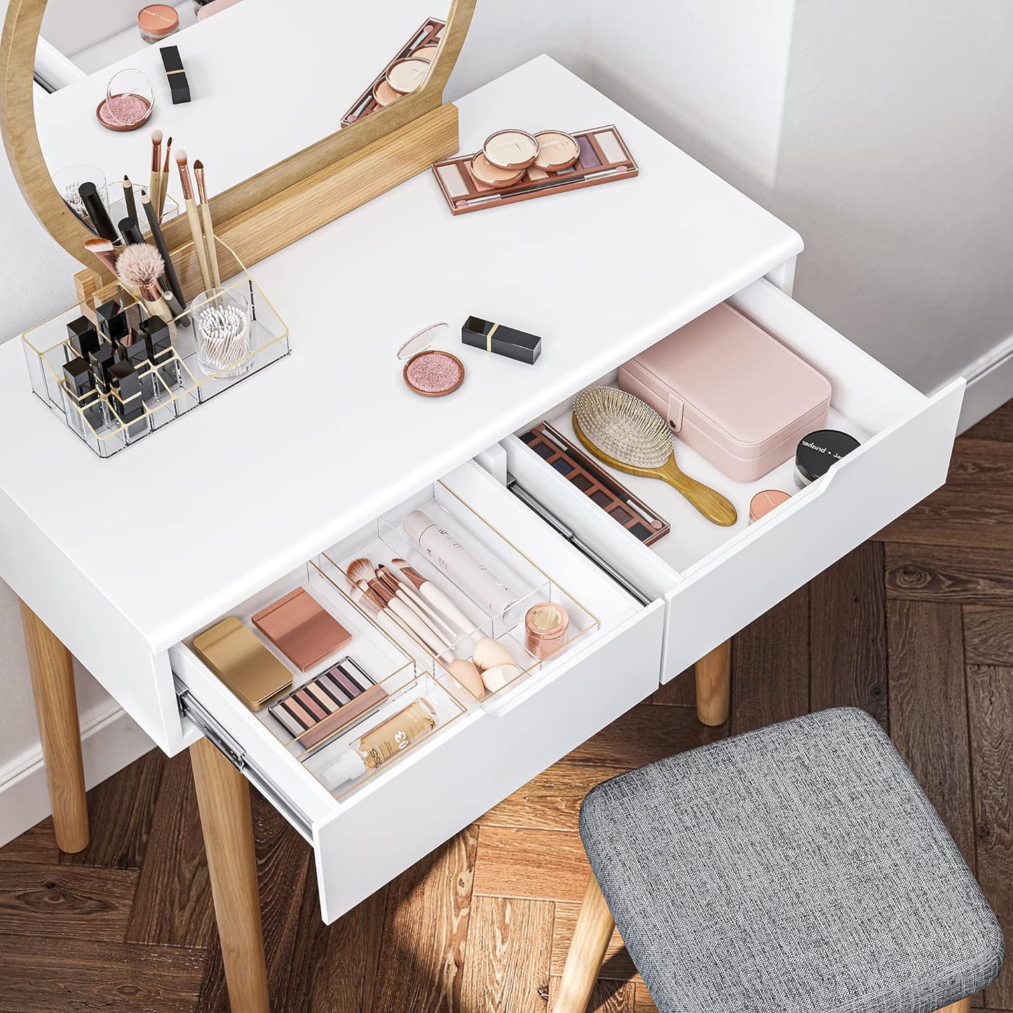 Vanity Table, Makeup Vanity Desk with Rounded Mirror, 2 Drawers, Vanity Set with Upholstered Stool, for Bathroom, Bedroom, Natural and White URDT11K