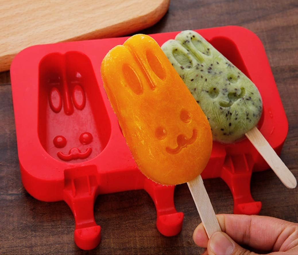 Homemade Popsicle Silicone Molds with Lid, BPA Free Ice Cream Bar Mold, 3 Cavities Silicone Ice Pop Mold with 40 Wooden Sticks, Set of 2 ( Rabbit Shape)