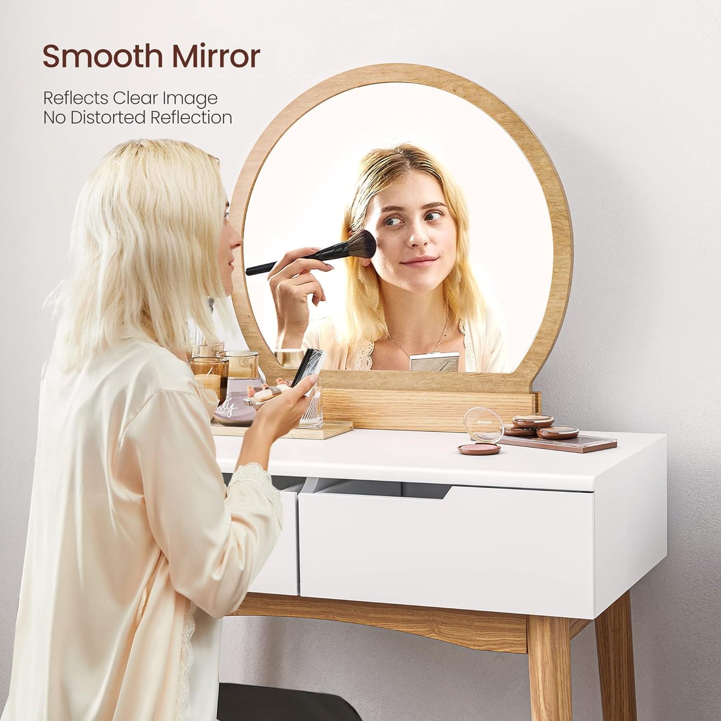 Vanity Table, Makeup Vanity Desk with Rounded Mirror, 2 Drawers, Vanity Set with Upholstered Stool, for Bathroom, Bedroom, Natural and White URDT11K