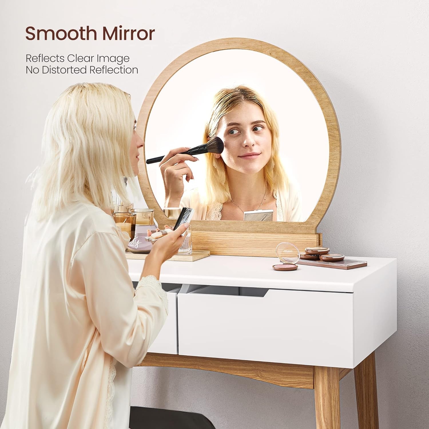 Vanity Table, Makeup Vanity Desk with Rounded Mirror, 2 Drawers, Vanity Set with Upholstered Stool, for Bathroom, Bedroom, Natural and White URDT11K