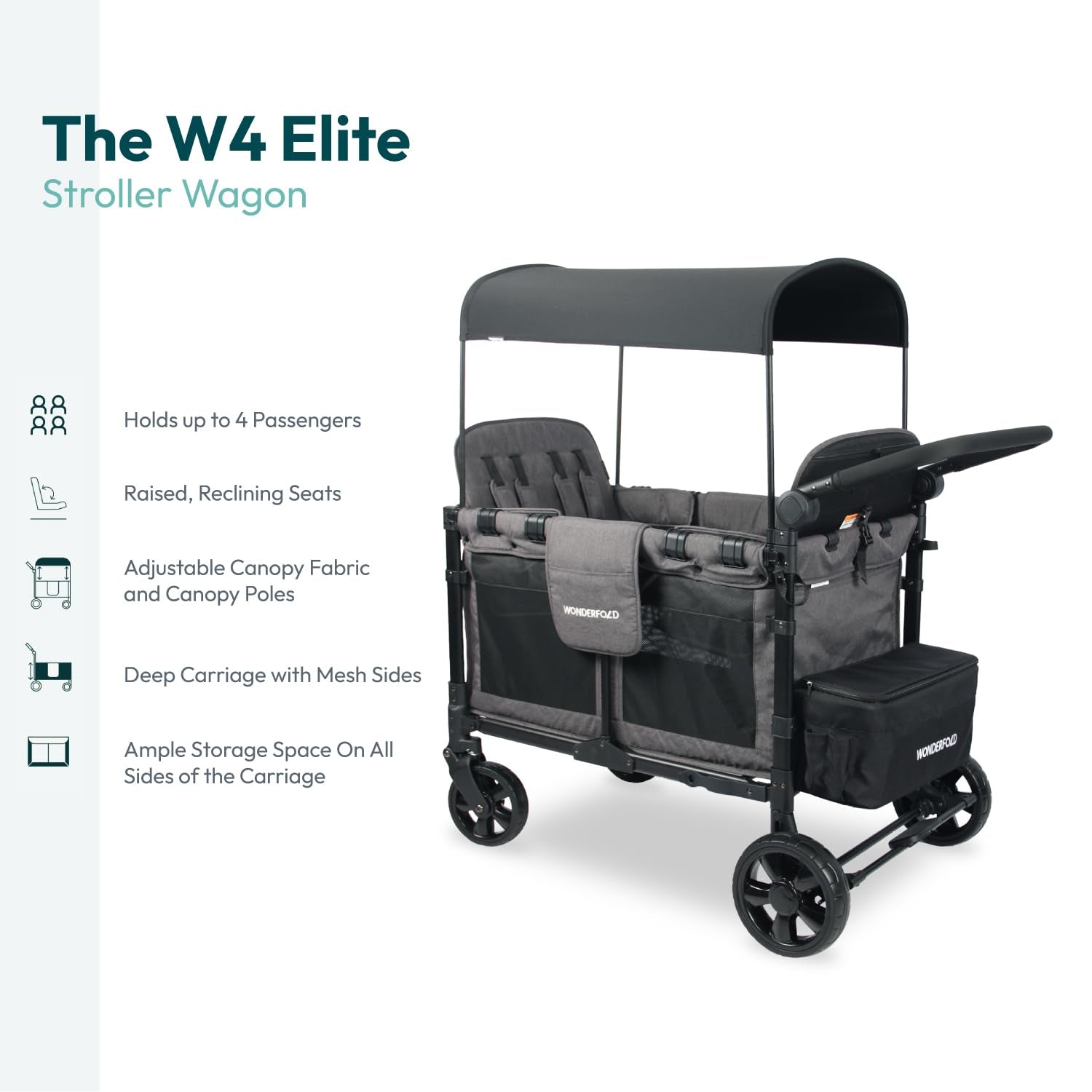 W4 Elite Quad Stroller Wagon Featuring 4 Seats with 5-Point Harnesses, Adjustable Push Handle, and Removable Uv-Protection Canopy, Charcoal Gray