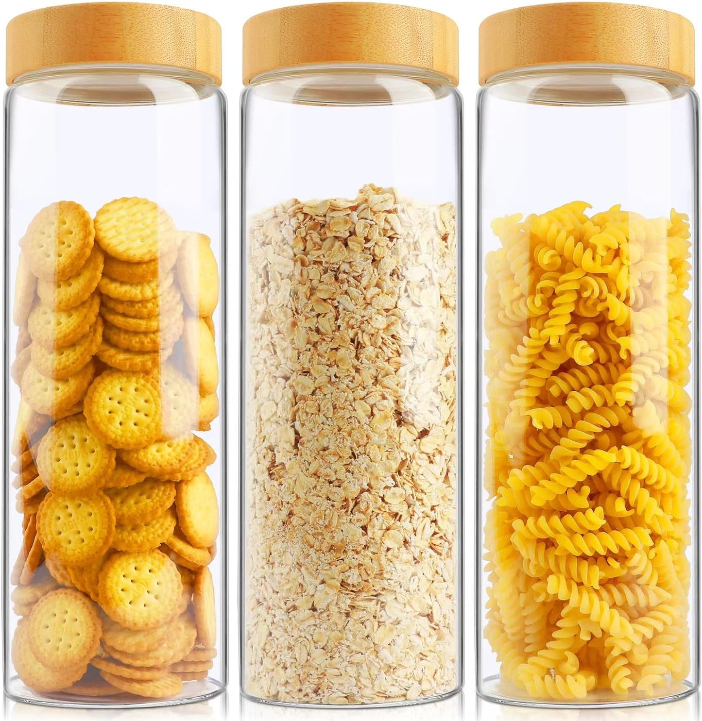 Glass Storage Containers with Lids, Glass Jars with Airtight Lid for Cookie, Pasta, Rice, Cereal, Flour Sugar Containers Storage, 3Pcs 80Oz Kitchen Canisters with Screw on Bamboo Lid