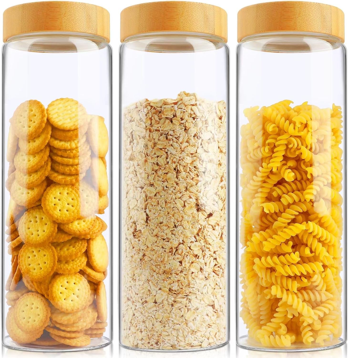 Glass Storage Containers with Lids, Glass Jars with Airtight Lid for Cookie, Pasta, Rice, Cereal, Flour Sugar Containers Storage, 3Pcs 80Oz Kitchen Canisters with Screw on Bamboo Lid