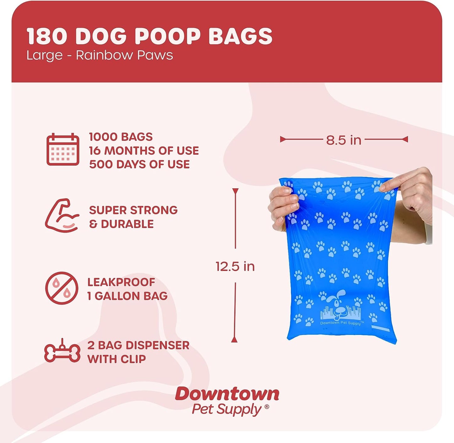 180 Count Unscented Dog Waste Bags with Dog Poop Bag Dispenser, Rainbow with Paw Prints - Leak-Proof Dog Poop Bags Refills with Leash Clip and Bone Bag Dispenser - 12.5 X 8.5"