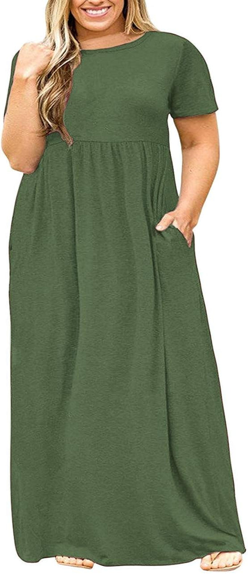 Women'S plus Size Short Sleeve Loose Plain Casual Long Maxi Dresses with Pockets