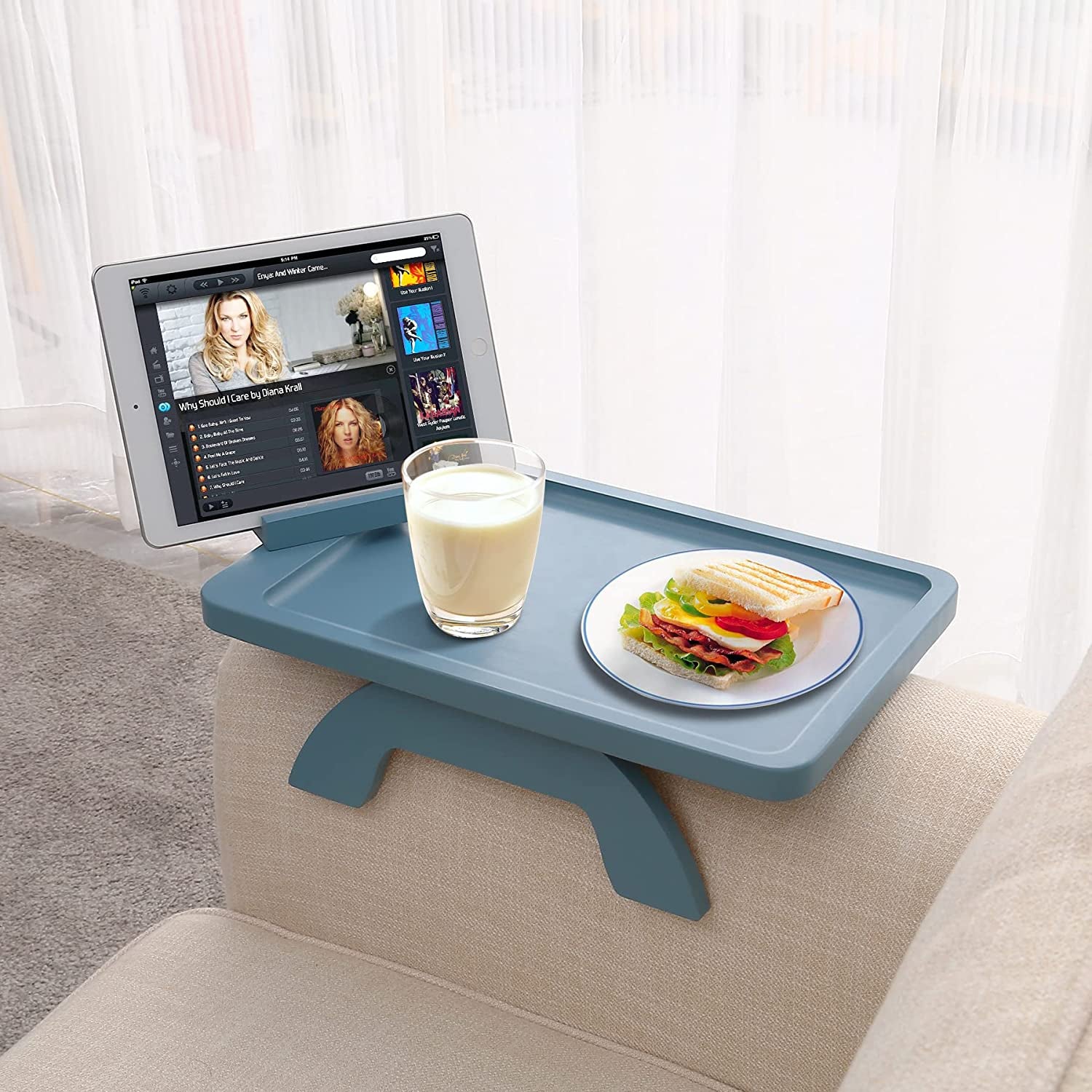 SINWNAT Couch Arm Tray, Bamboo Sofa Arm Clip on Tray Table,Sofa Armrest Tray with 360° Phone Holder,,Sofa Arm Table for Eating and Drinking Table