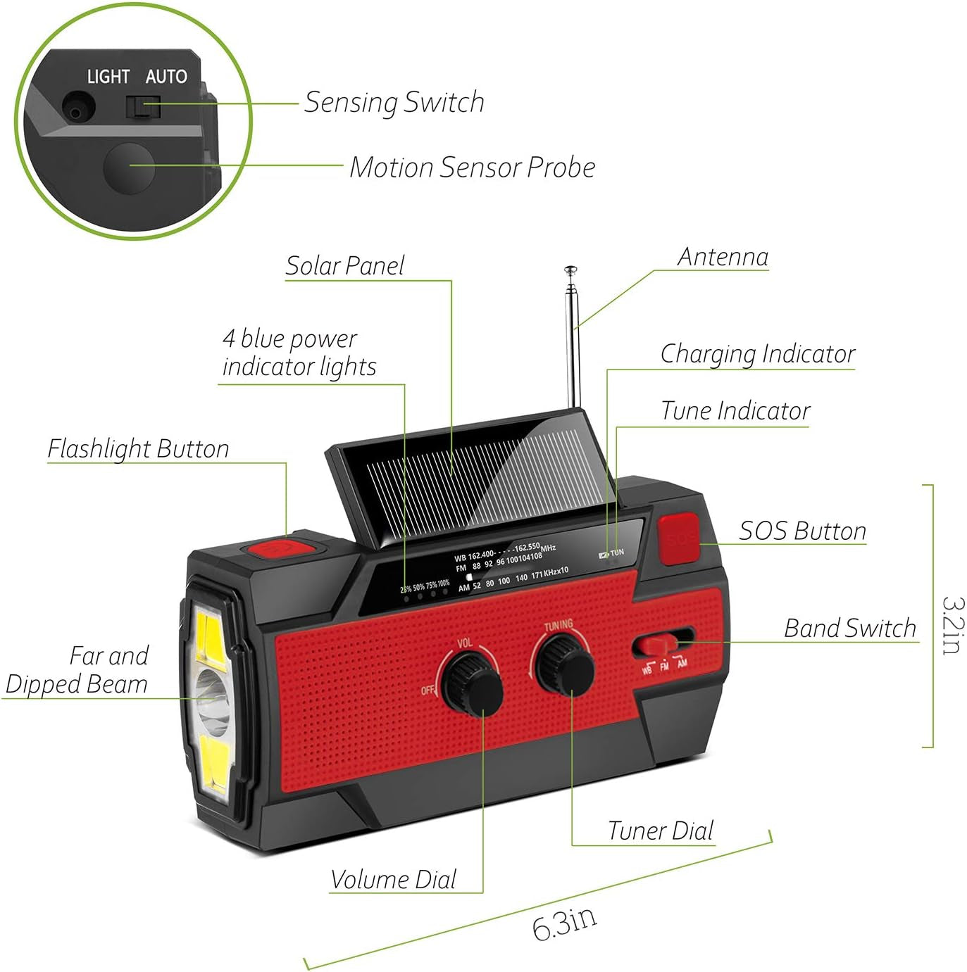 Emergency-Hand-Crank-Radio,  Portable Weather Solar Radios with Motion Sensor Reading Lamp, 3 Gear LED Flashlight, SOS Alarm, AM/FM/NOAA