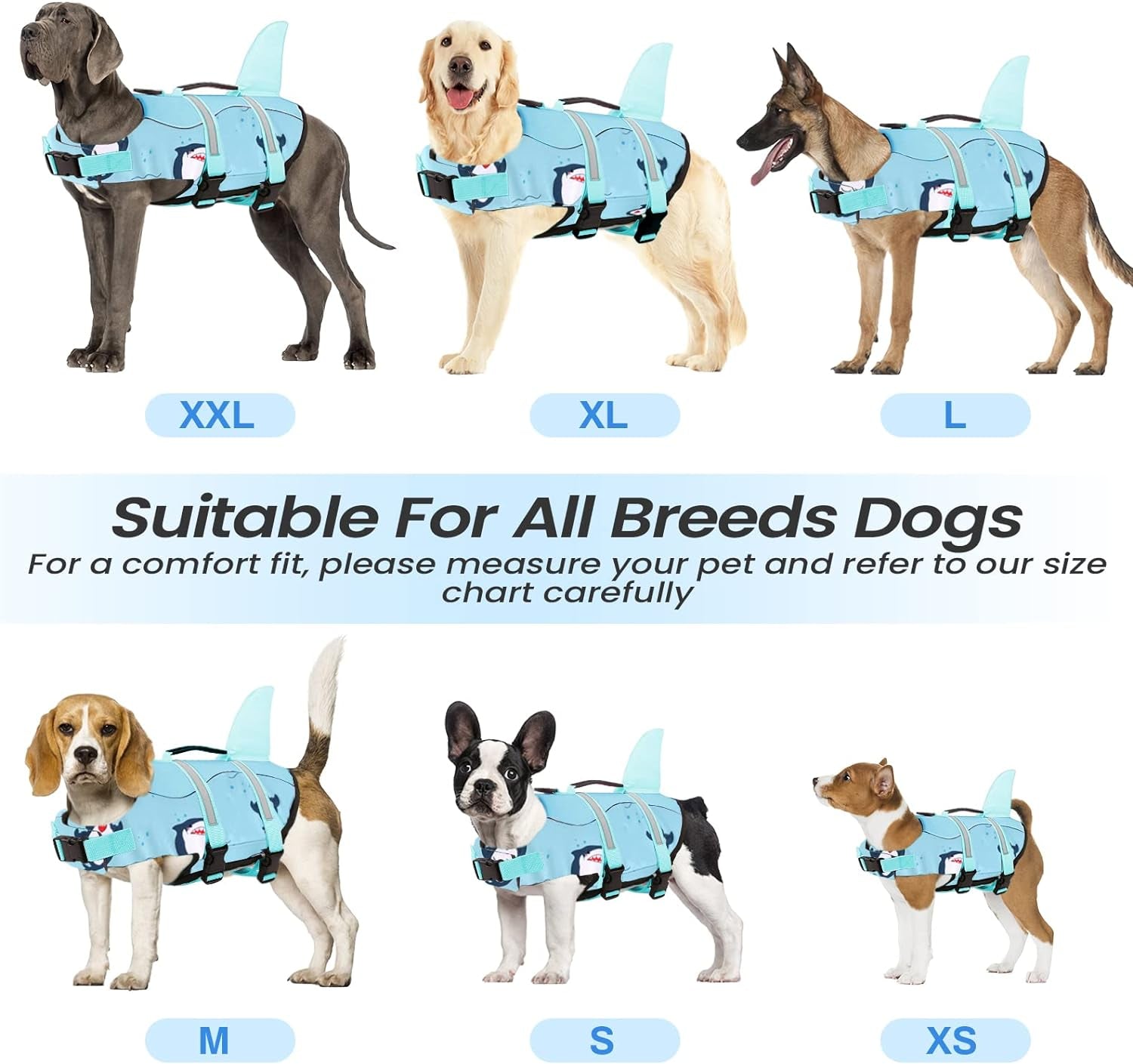 Dog Life Jacket, Large Dog Life Vest for Swimming Boating, Shark Life Jackets for Small Medium Large Dogs, Reflective Dog Lifesaver Life Preserver Swimsuit with Rescue Handle and High Buoyancy