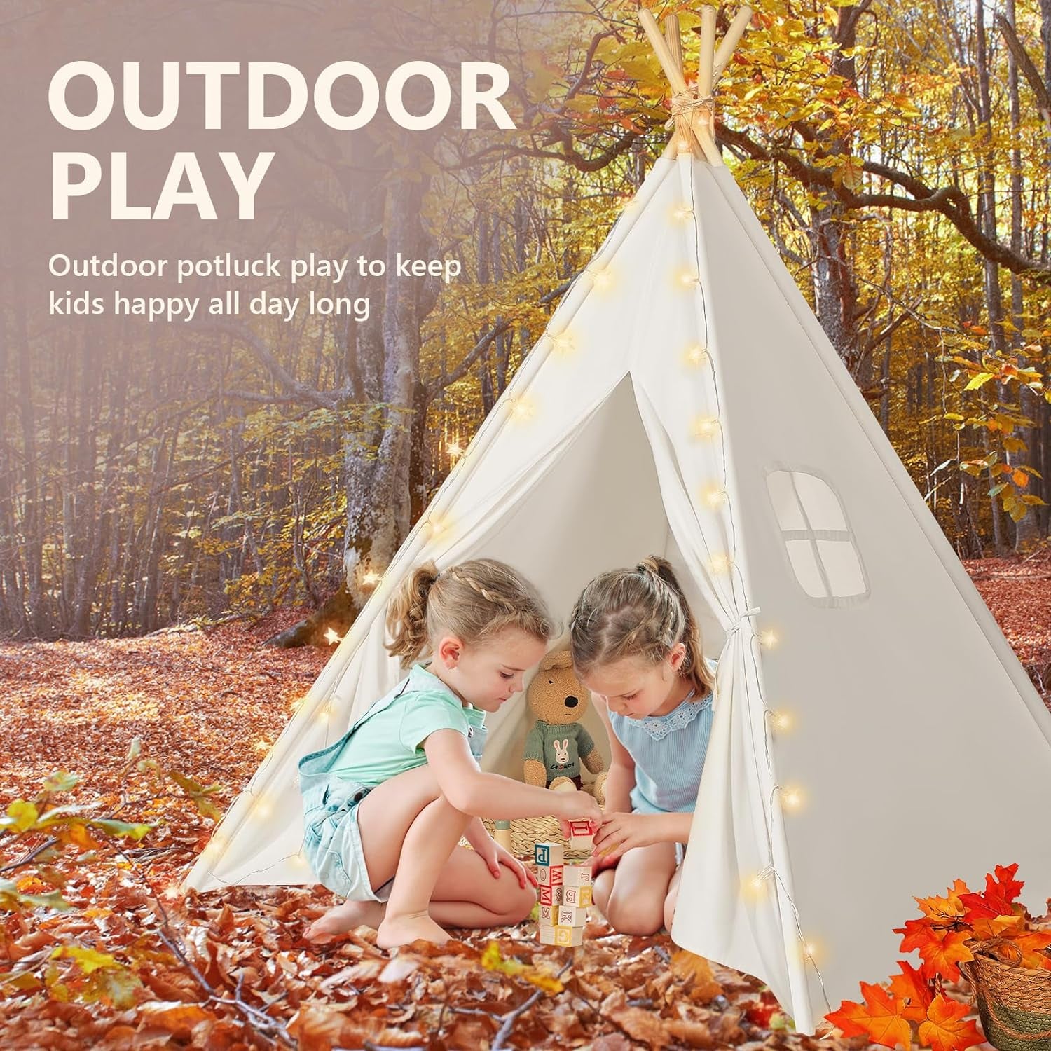 Teepee Tent for Kids with Carry Case, Natural Canvas Teepee Play Tent, Toys for Girls/Boys Indoor & Outdoor Playing (White Teepee Tent)