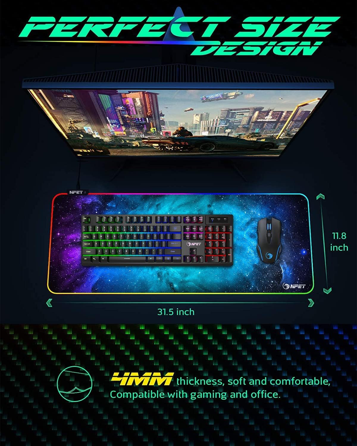 MP02-SP Gaming Mouse Pad, Cloth Mouse Pad, Anti-Slip Base, RGB Backlit, Stitched Edges, Water-Resistant, Optimized for Gaming Sensors, XL