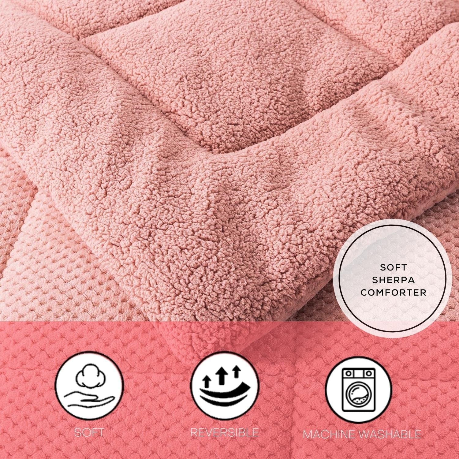 Super Ultra Soft Luxury Plush Sherpa Comforter, Cozy Reversible Fleece - Goose down Alternative Fill, Machine Washable Bedding, Sunset Rose Pink, King Size