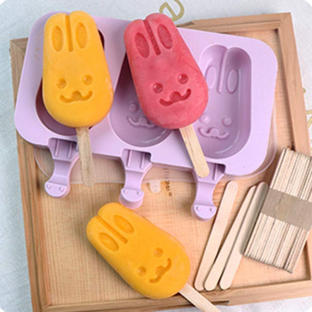 Homemade Popsicle Silicone Molds with Lid, BPA Free Ice Cream Bar Mold, 3 Cavities Silicone Ice Pop Mold with 40 Wooden Sticks, Set of 2 ( Rabbit Shape)