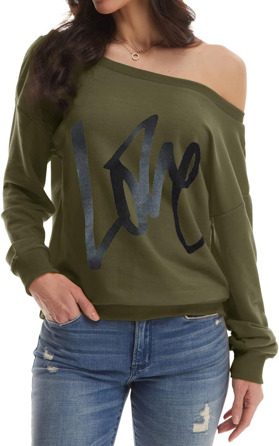 Womens Oversized Sweatshirt Love Letter Printed off Shoulder Sweatshirt Loose Slouchy Pullover Tops