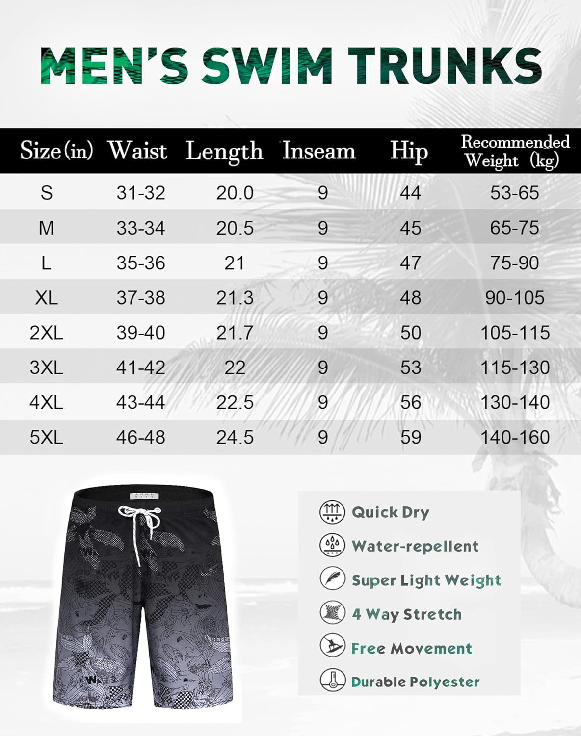 Swim Trunks Palm Beach Shorts Board Shorts Mens Swimwear #HWP023 Grey S