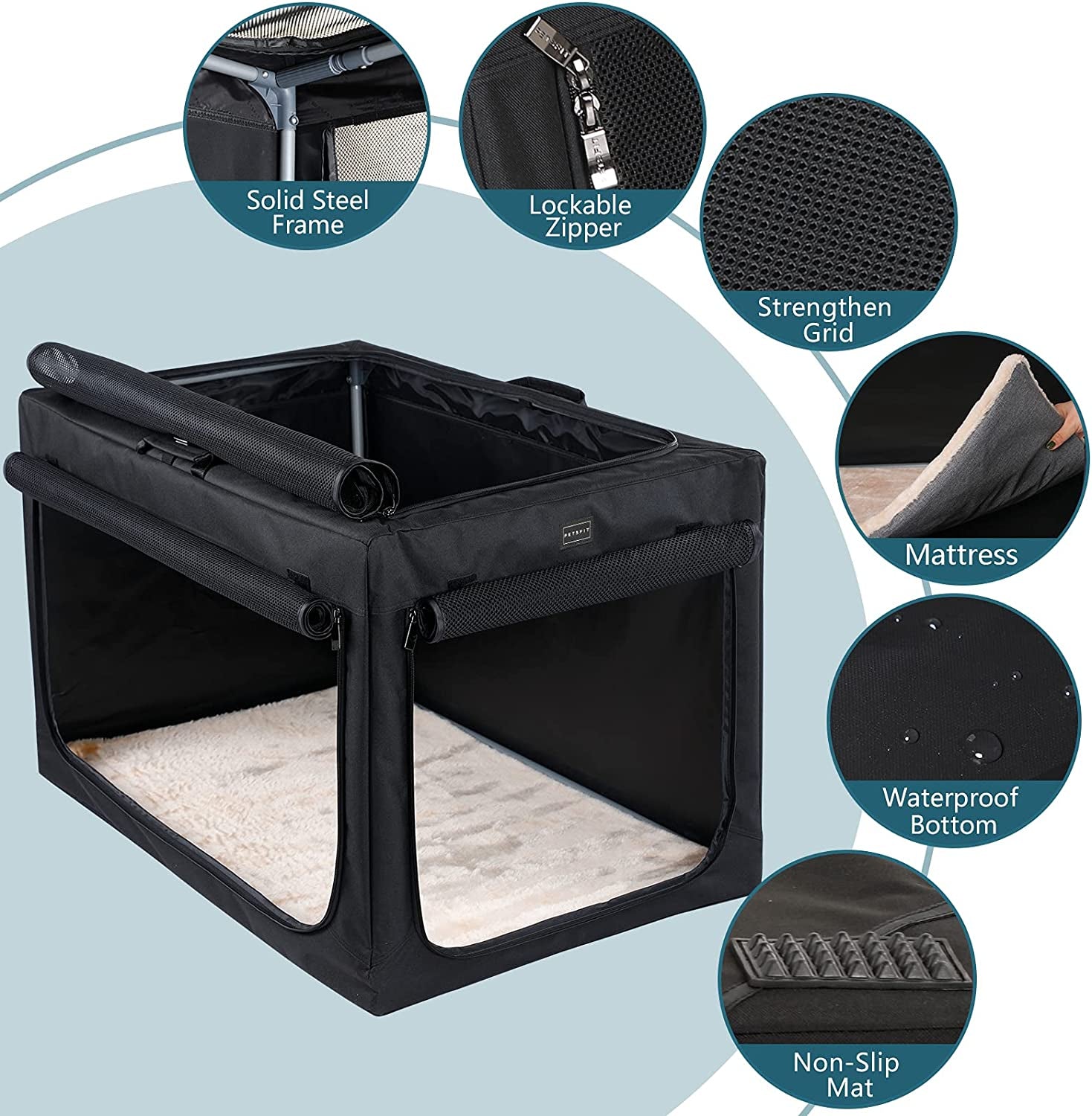 26 Inch Soft Dog Crate, Adjustable Design Soft Kennel with Chew Proof Mesh Windows & Thicken Mat, Ideal for Indoor & Outdoor Travel Black