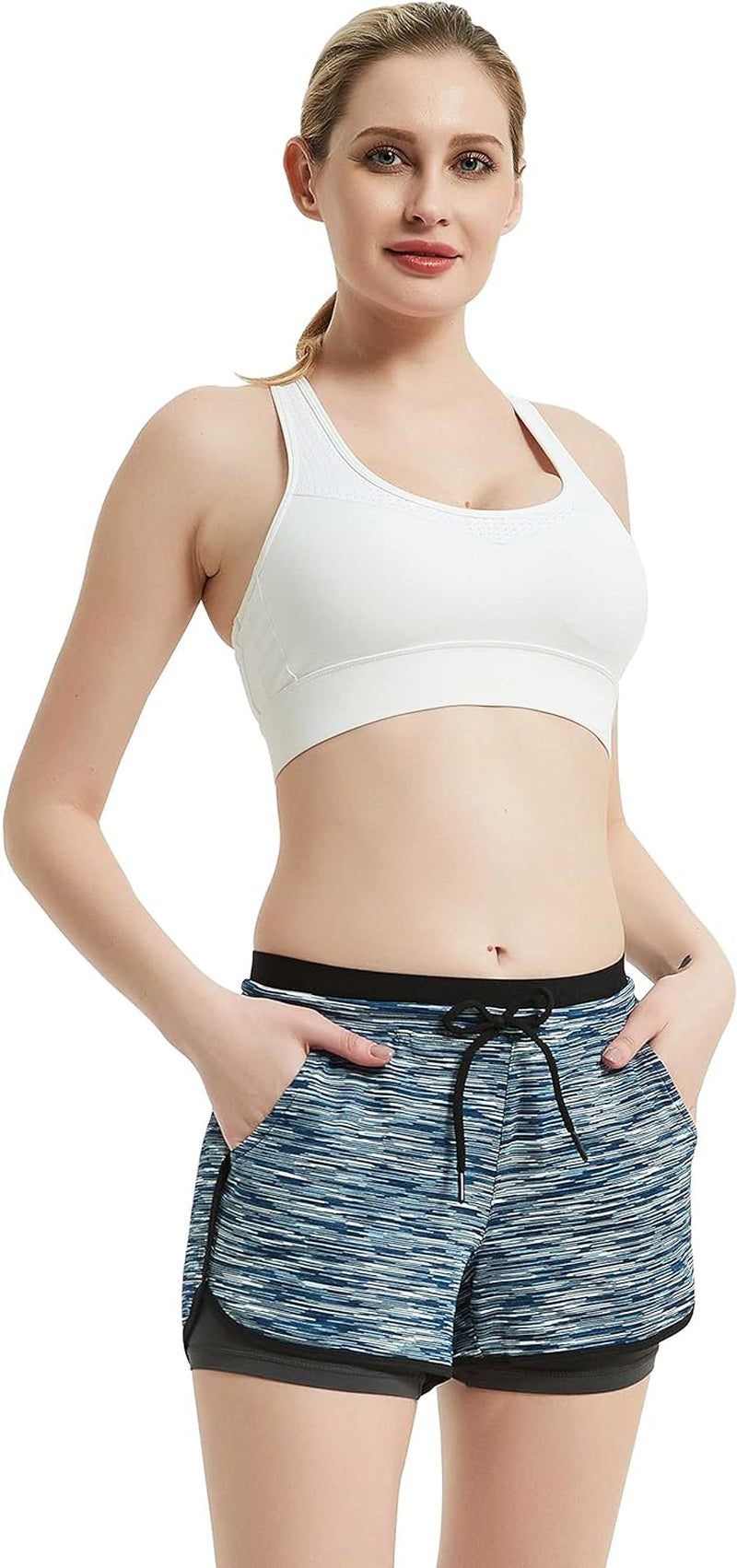 Women Workout Running Shorts 2 in 1 Active Yoga Gym Sport Shorts with Pockets