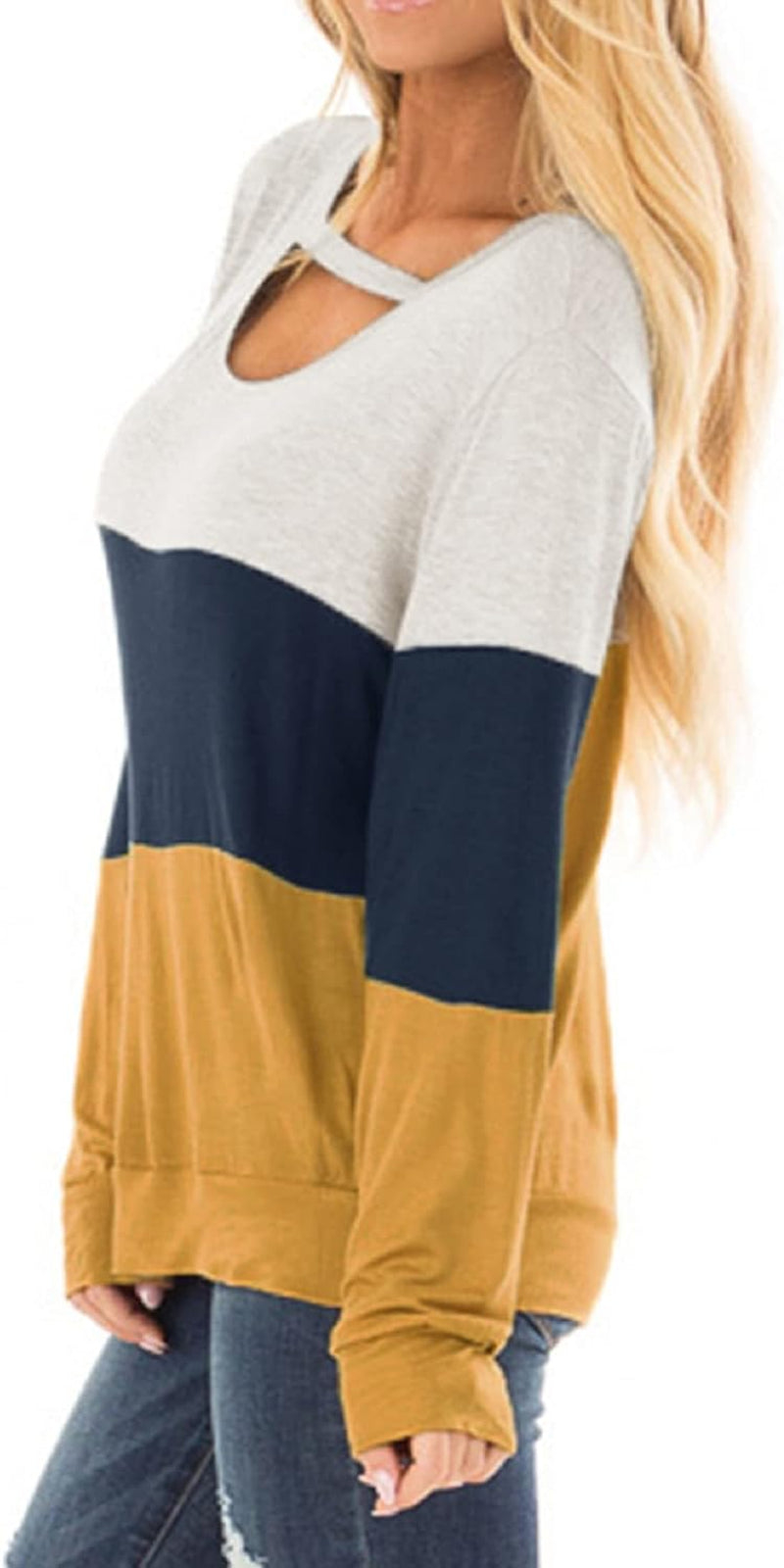 Women'S Fall Color Block Chest Cutout Tunics Long Sleeve Shirts Scoop Neck Blouse Casual Loose Fit Tops