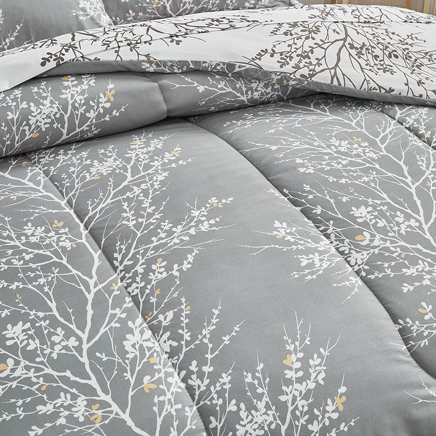 Bed in a Bag 7 Pieces Queen Size Gray Branches with Yellow Dots - Soft Microfiber Reversible Bed Comforter Set (1 Comforter 2 Pillow Shams 1 Flat Sheet 1 Fitted Sheet 2 Pillowcases)