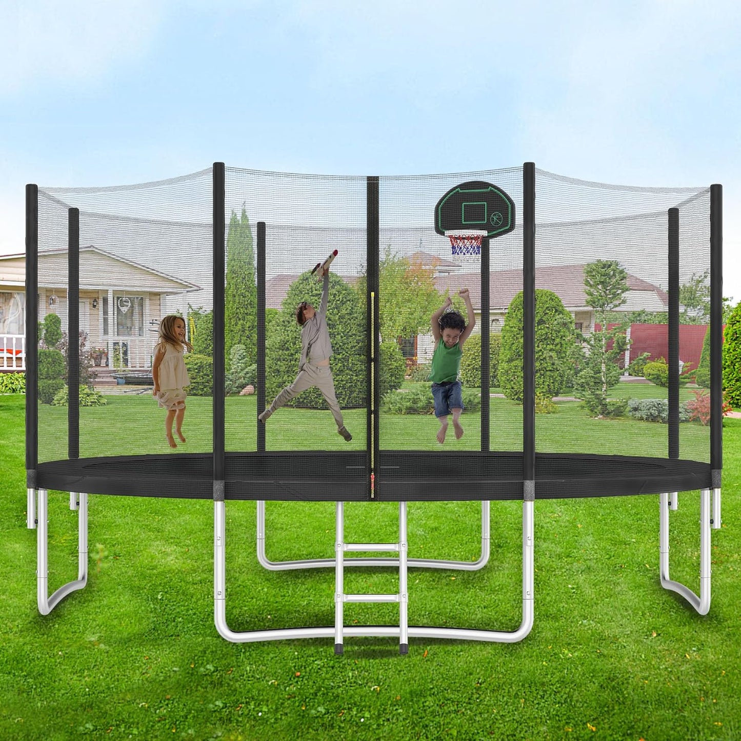 Trampoline 12FT 14FT 15FT 16FT Trampoline for Kids and Adults with Basketball Hoop, Enclosure Net & Wind Stakes, 1500LBS ASTM Compliant Outdoor Recreational Trampolines