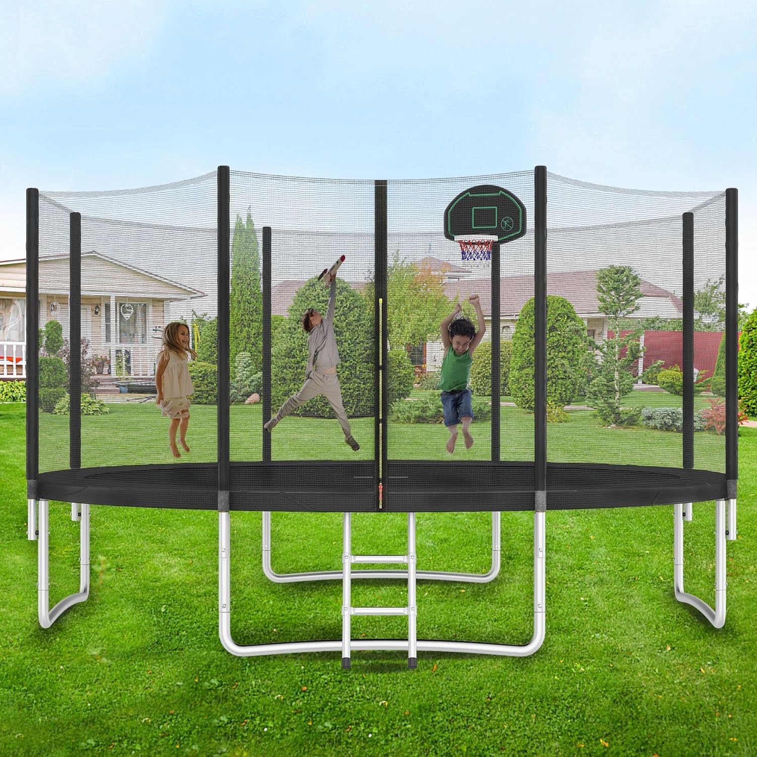 Trampoline 12FT 14FT 15FT 16FT Trampoline for Kids and Adults with Basketball Hoop, Enclosure Net & Wind Stakes, 1500LBS ASTM Compliant Outdoor Recreational Trampolines