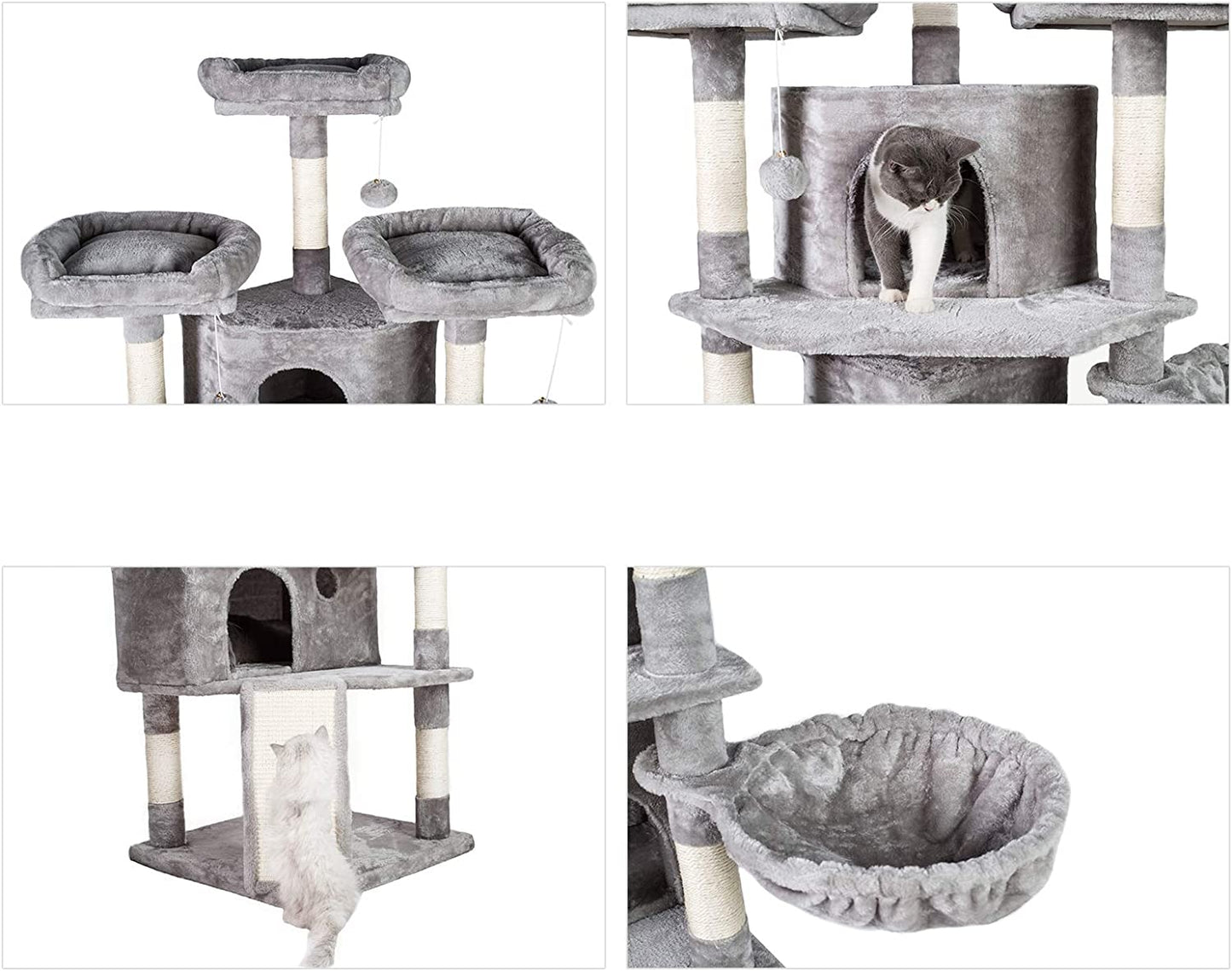 XL Cat Tree, 73.4 Inch Cat Tower with 3 Caves, 3 Cozy Perches, Scratching Posts, Board, Activity Center Stable for Kitten/Big Cat, Light Gray MPJ032W