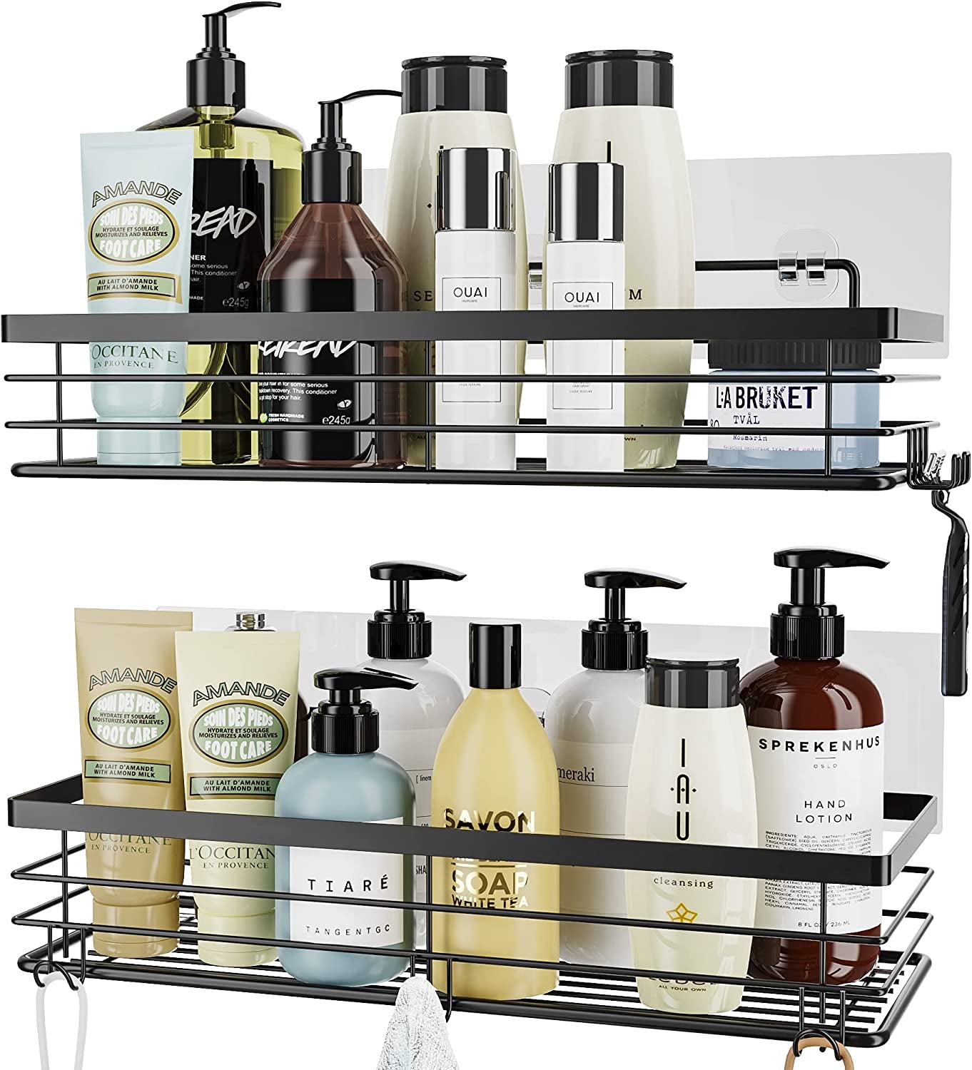 Shower Caddy with 5 Hooks for Hanging Razor and Sponge Adhesive Shower Shelf Basket Bathroom Storage Organizer Kitchen Rack No Drilling Stainless Steel Rustproof - 2 Pack,Black