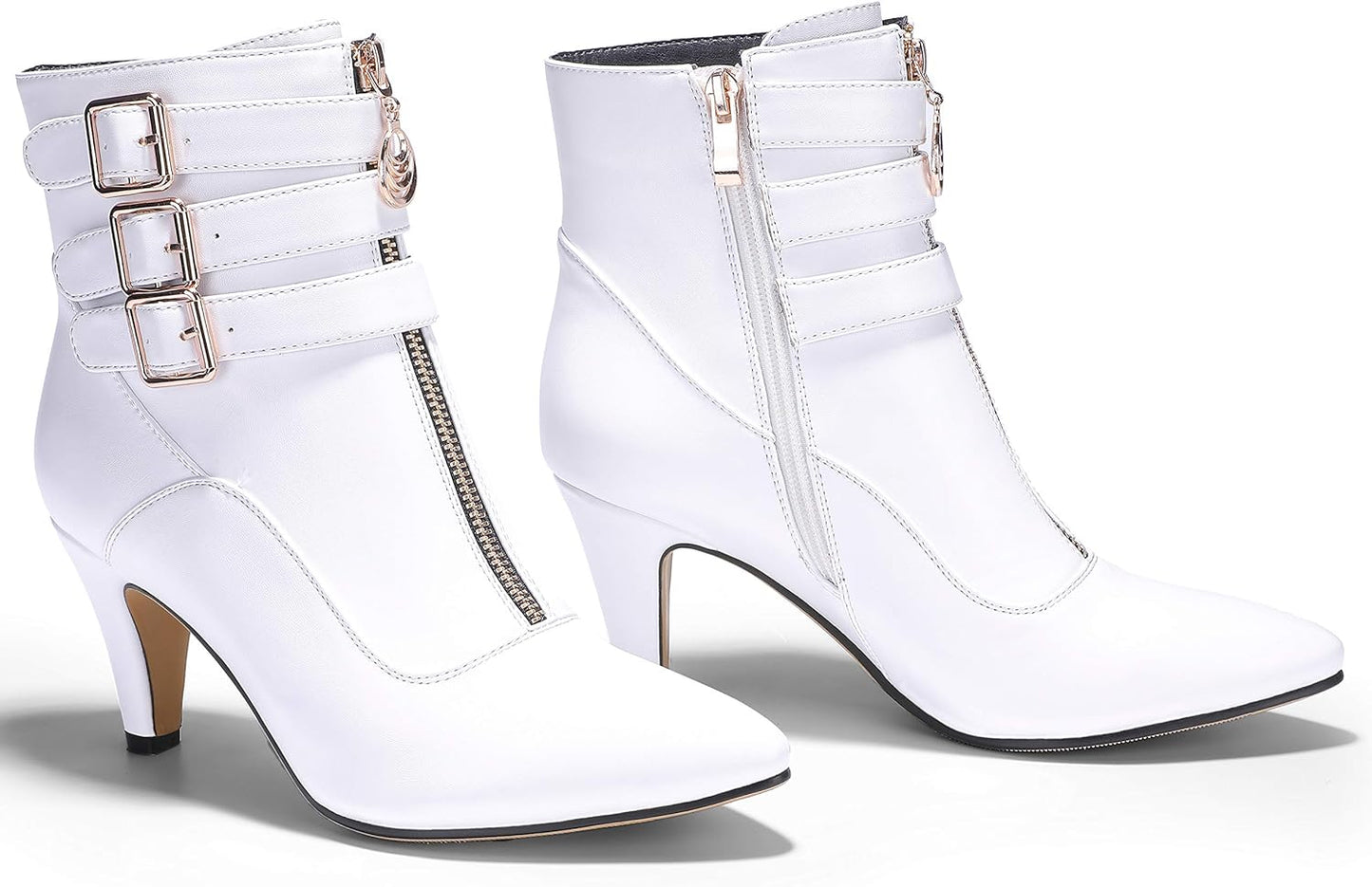 Women'S Buckle Strap Ankle Booties 3 Inch Pointed Toe Zipper Heels Dress Jeans Boots