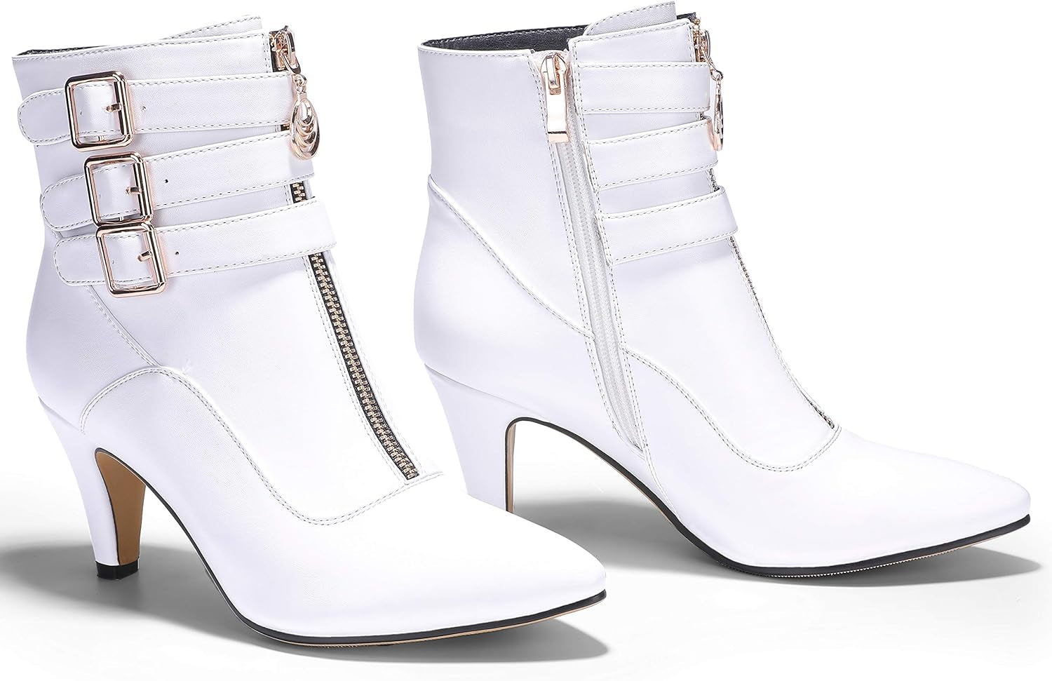Women'S Buckle Strap Ankle Booties 3 Inch Pointed Toe Zipper Heels Dress Jeans Boots