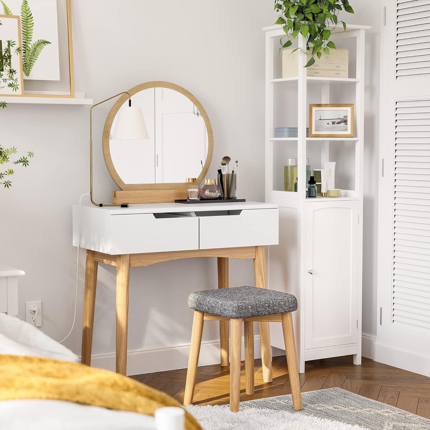 Vanity Table, Makeup Vanity Desk with Rounded Mirror, 2 Drawers, Vanity Set with Upholstered Stool, for Bathroom, Bedroom, Natural and White URDT11K