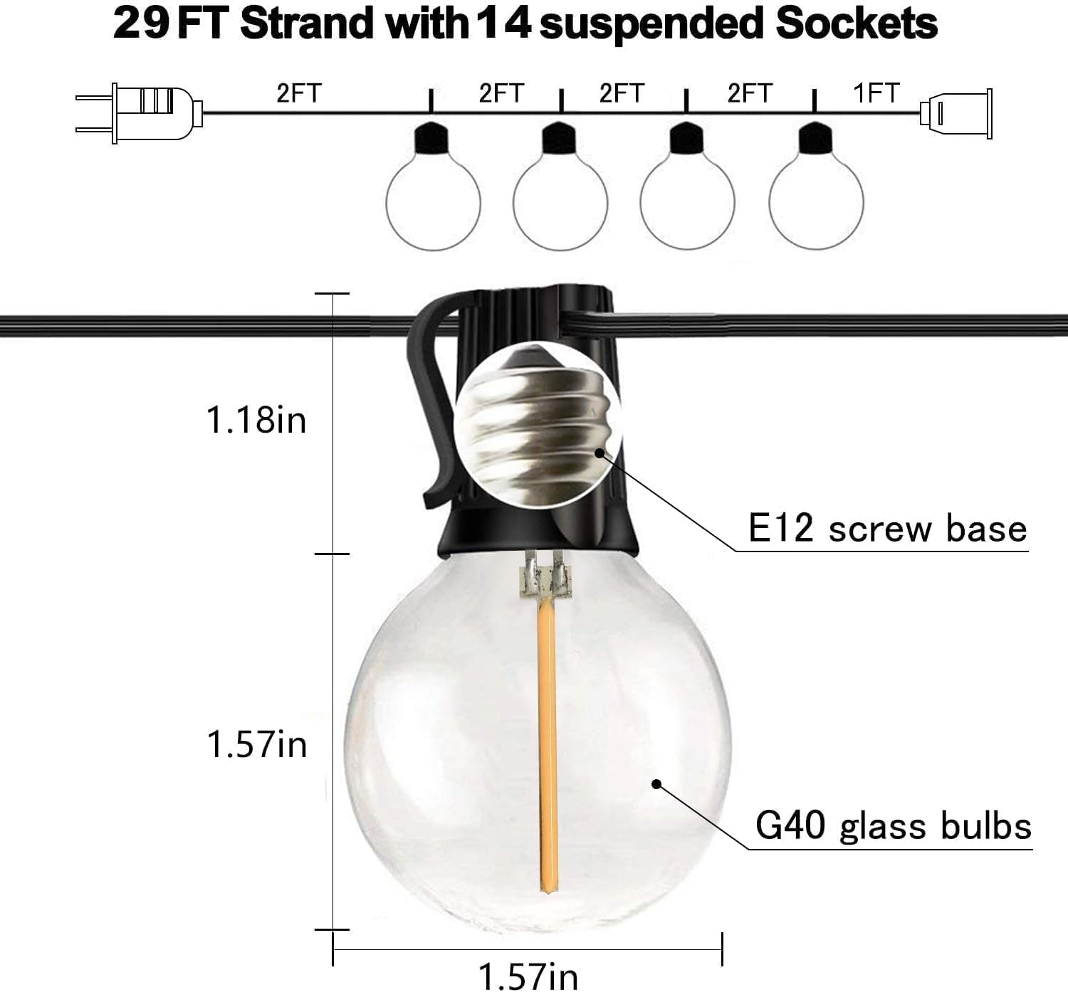 29FT Globe Outdoor String Lights, Shatterproof Patio Lights with 15 Dimmable Plastic Bulbs, Waterproof Hanging Lights String for Porch Backyard Cafe, E12 Socket Base
