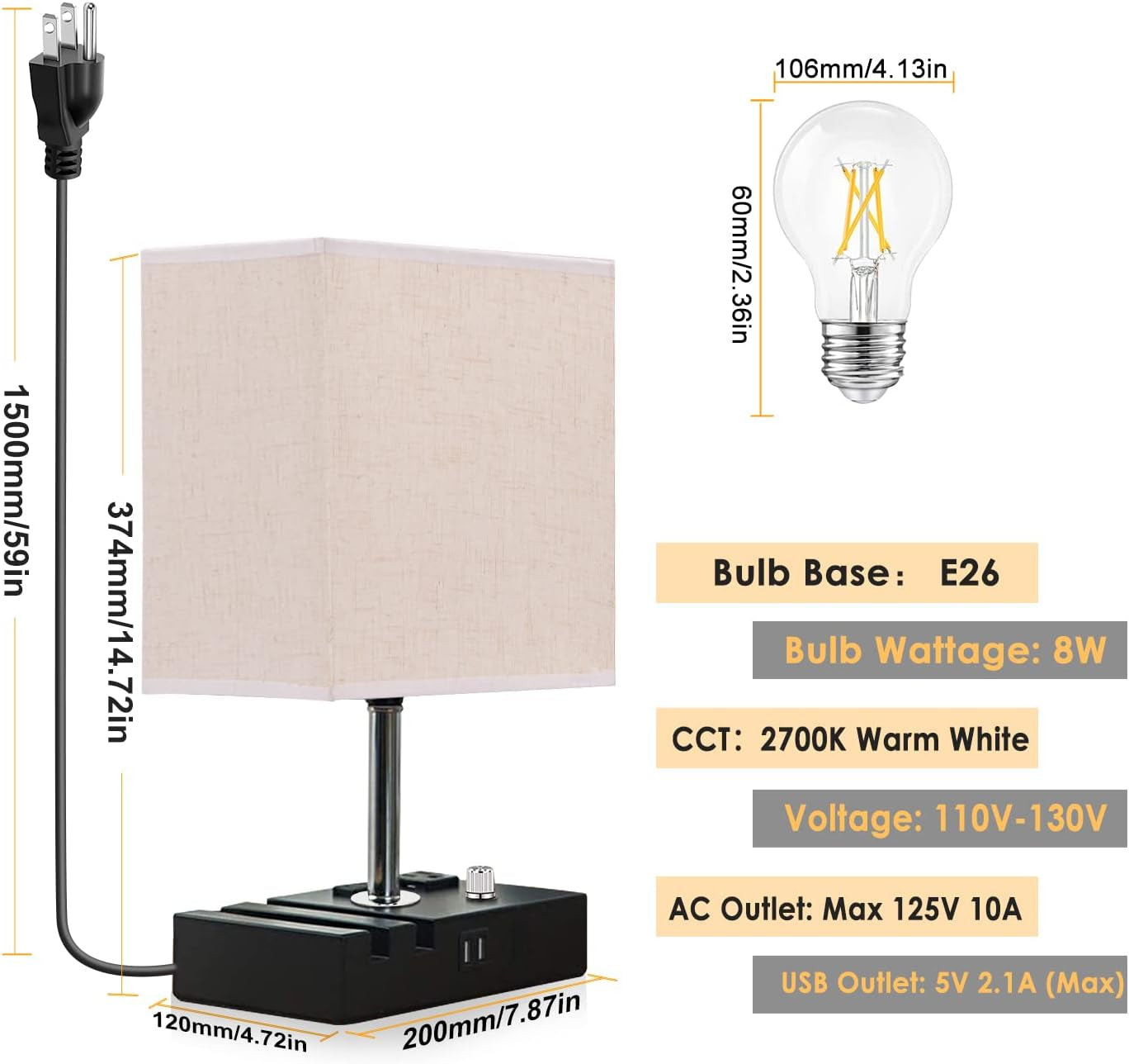 Fully Dimmable Table Lamp for Bedroom Living Room Dual USB Port Bedside Lamp for Nightstand Desk Lamps with Charging Station 2 Power Outlets, Fabric Lampshade LED Bulb Included (Black/Beige)