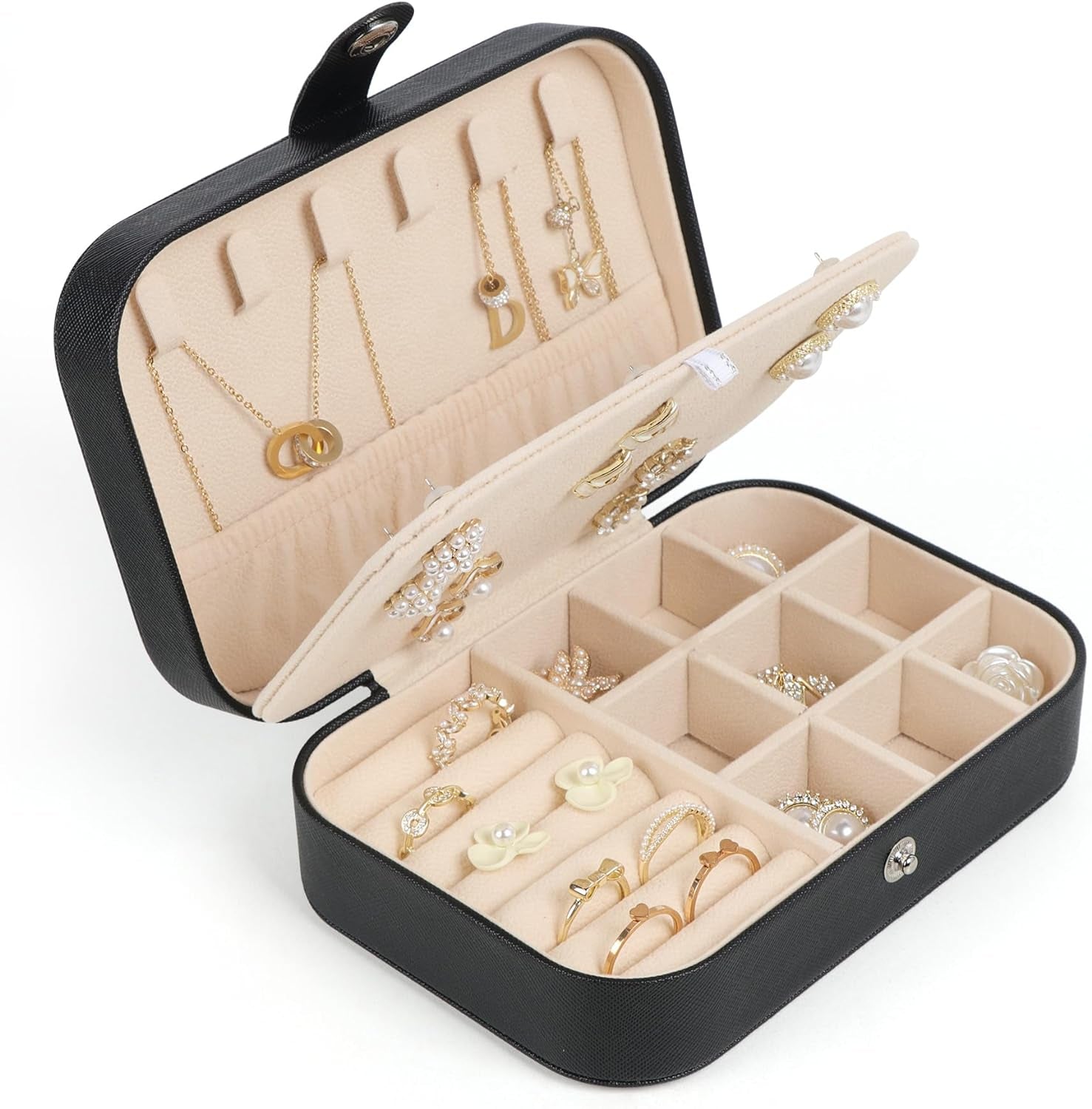 Travel Jewelry Box, Small Jewelry Organizer Box for Women Girls, 2 Layer Travel Jewlery Case, PU Leather Mini Portable Jewerly Storage Display Holder for Earrings, Ring, Necklaces, Bracelets (Black 1)