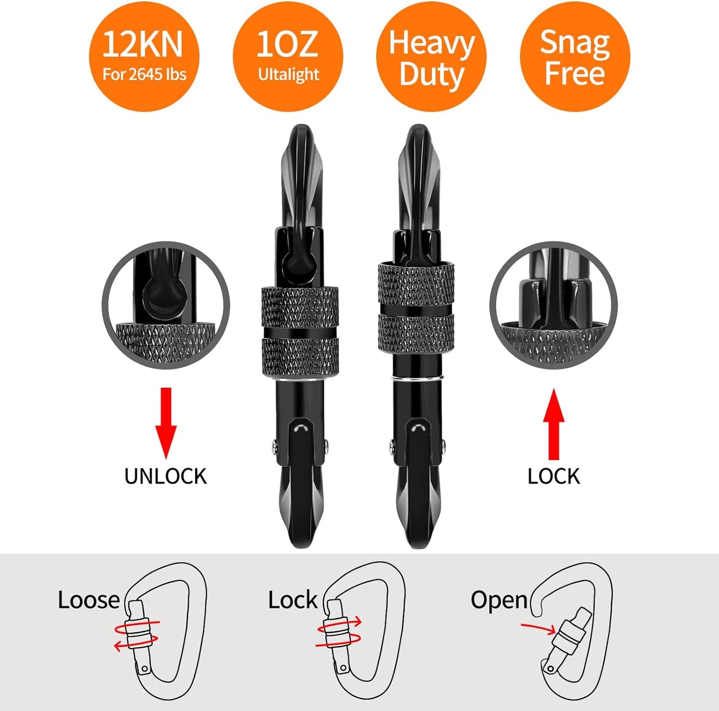 Carabiner Clips Heavy Duty 12Kn (2697 Lbs)-Lightweight Locking Carabiners for Securing Pets, Camping, Hiking, Hammock, Dog Leash Harness, Keychains& Utility