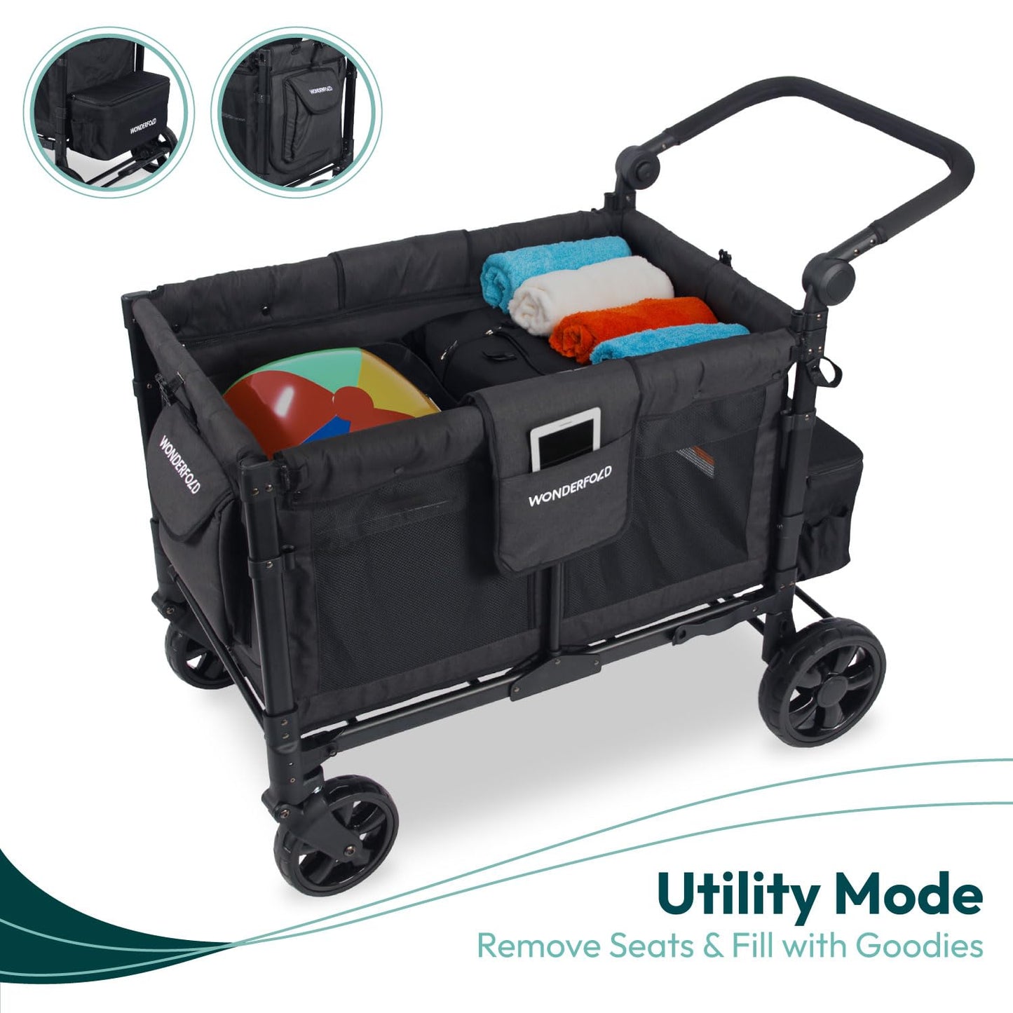 W4 Elite Quad Stroller Wagon Featuring 4 Seats with 5-Point Harnesses, Adjustable Push Handle, and Removable Uv-Protection Canopy, Charcoal Gray