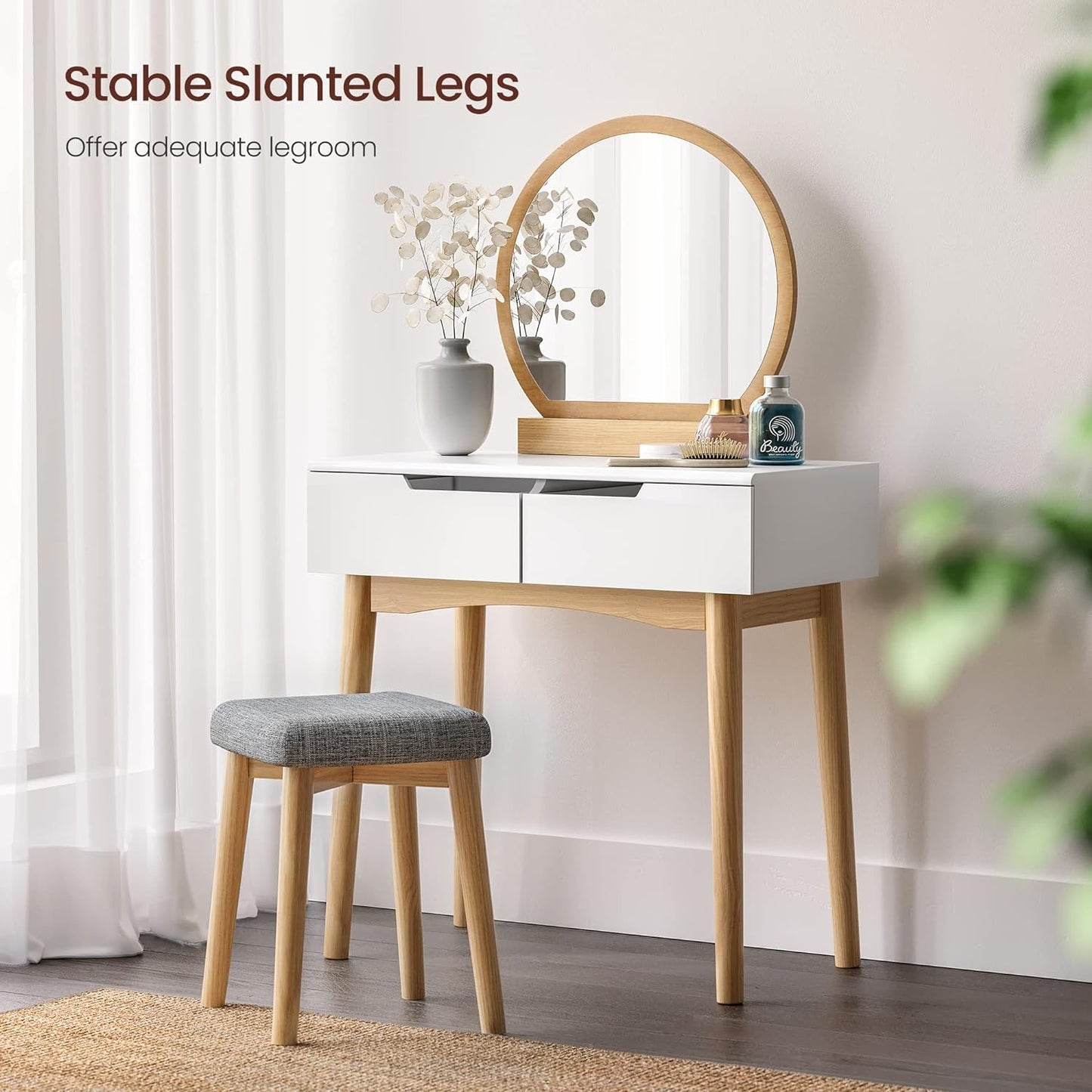 Vanity Table, Makeup Vanity Desk with Rounded Mirror, 2 Drawers, Vanity Set with Upholstered Stool, for Bathroom, Bedroom, Natural and White URDT11K