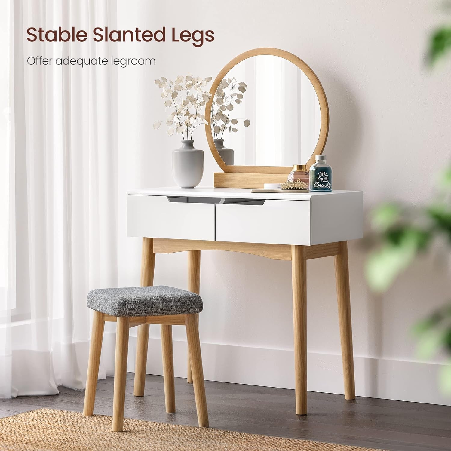 Vanity Table, Makeup Vanity Desk with Rounded Mirror, 2 Drawers, Vanity Set with Upholstered Stool, for Bathroom, Bedroom, Natural and White URDT11K