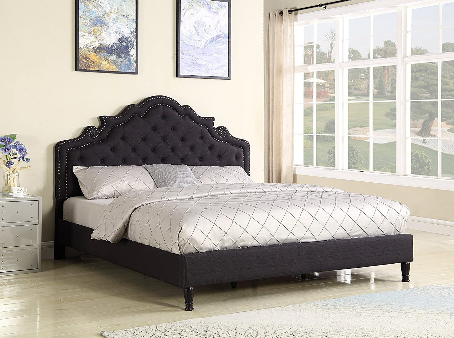 Premiere Classics 51" Tall Platform Bed with Cloth Headboard and Slats - Full (Black Linen)