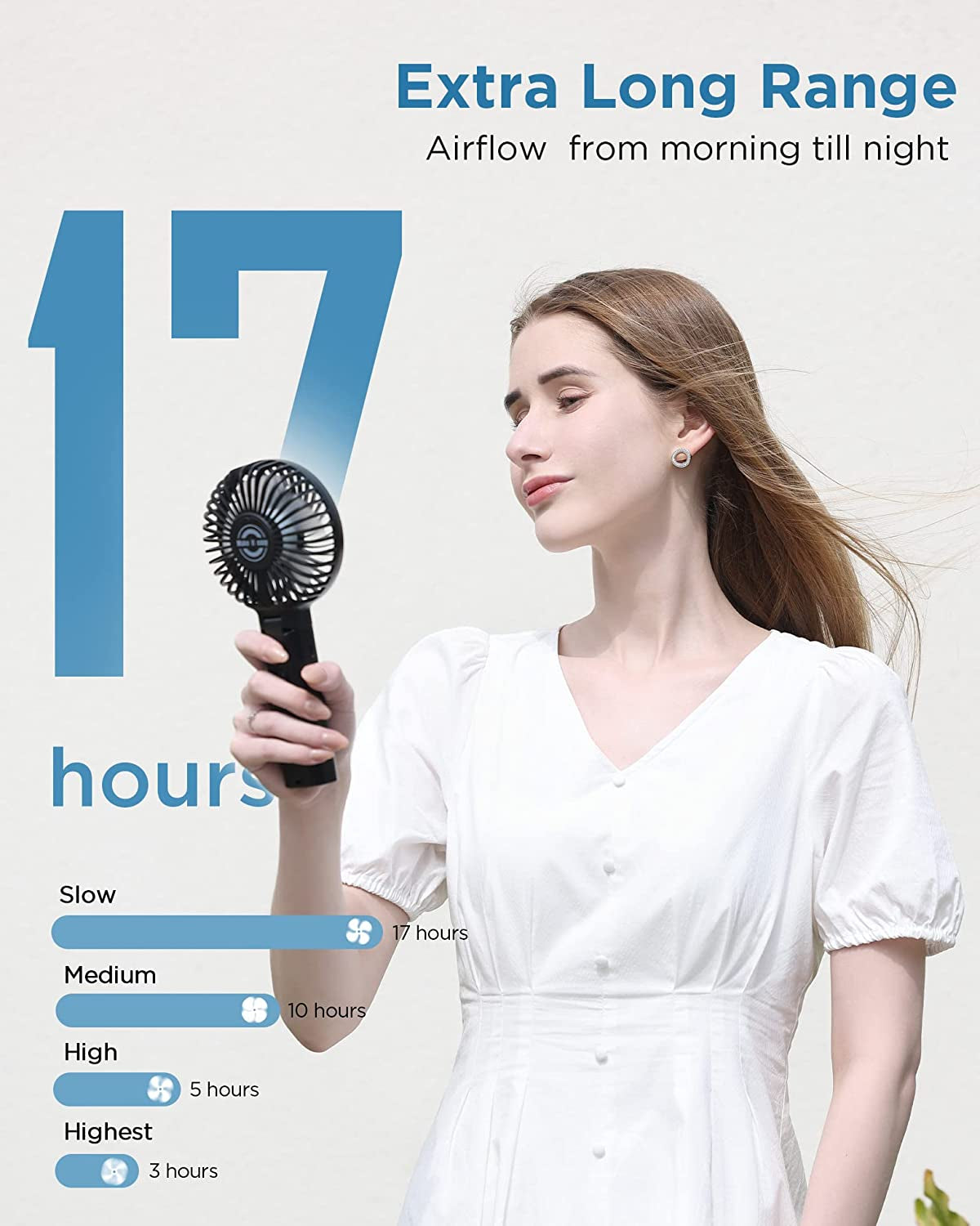 Handheld Fan, 2024 Newly Powerful Quiet Portable Fan Small Desk Fan [ 4 Speed/Battery Indicator/Easy Clean] 17H Battery Operated Fan One Touch Power off Personal Fan for Travel Outdoor